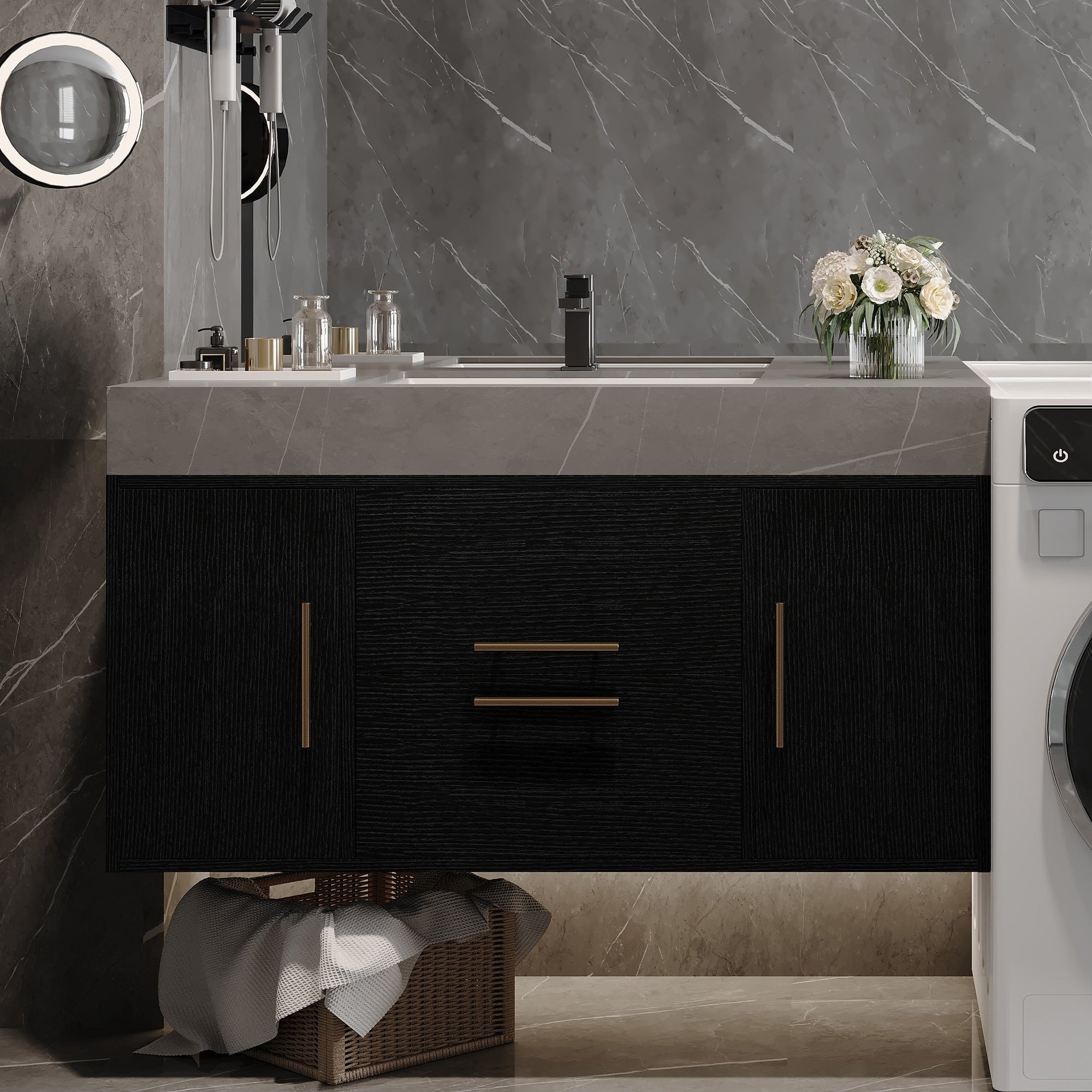 Roomfitters 39.4 Floating Bathroom Vanity With Single Sink Wall Mount Cabinet Gray Marble Look Top Gold Handles Black Gray