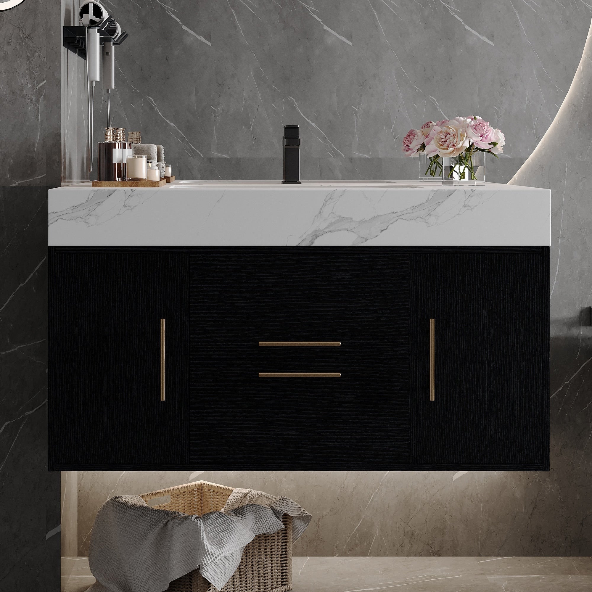 Roomfitters 39.4 Floating Bathroom Vanity With Single Sink Wall Mount Marble Look Top And Gold Handles Black And White