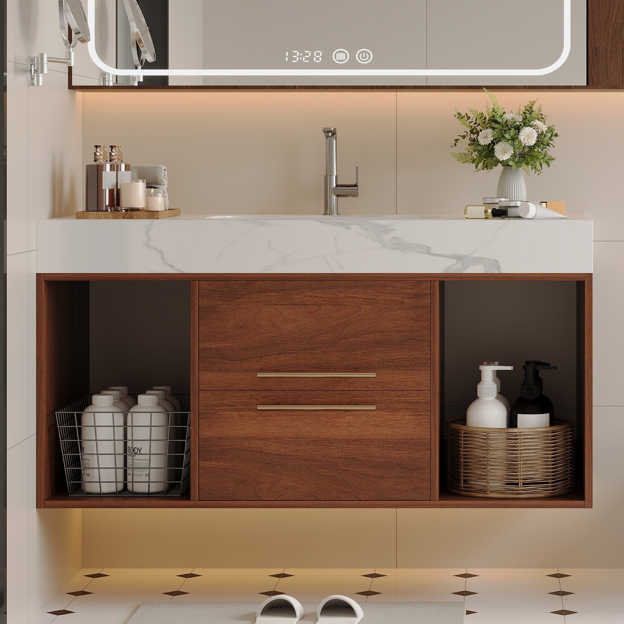 Roomfitters 39.4 Floating Bathroom Vanity With Single Sink Wall Mount Wood Storage Cabinet Marble Top Walnut And White