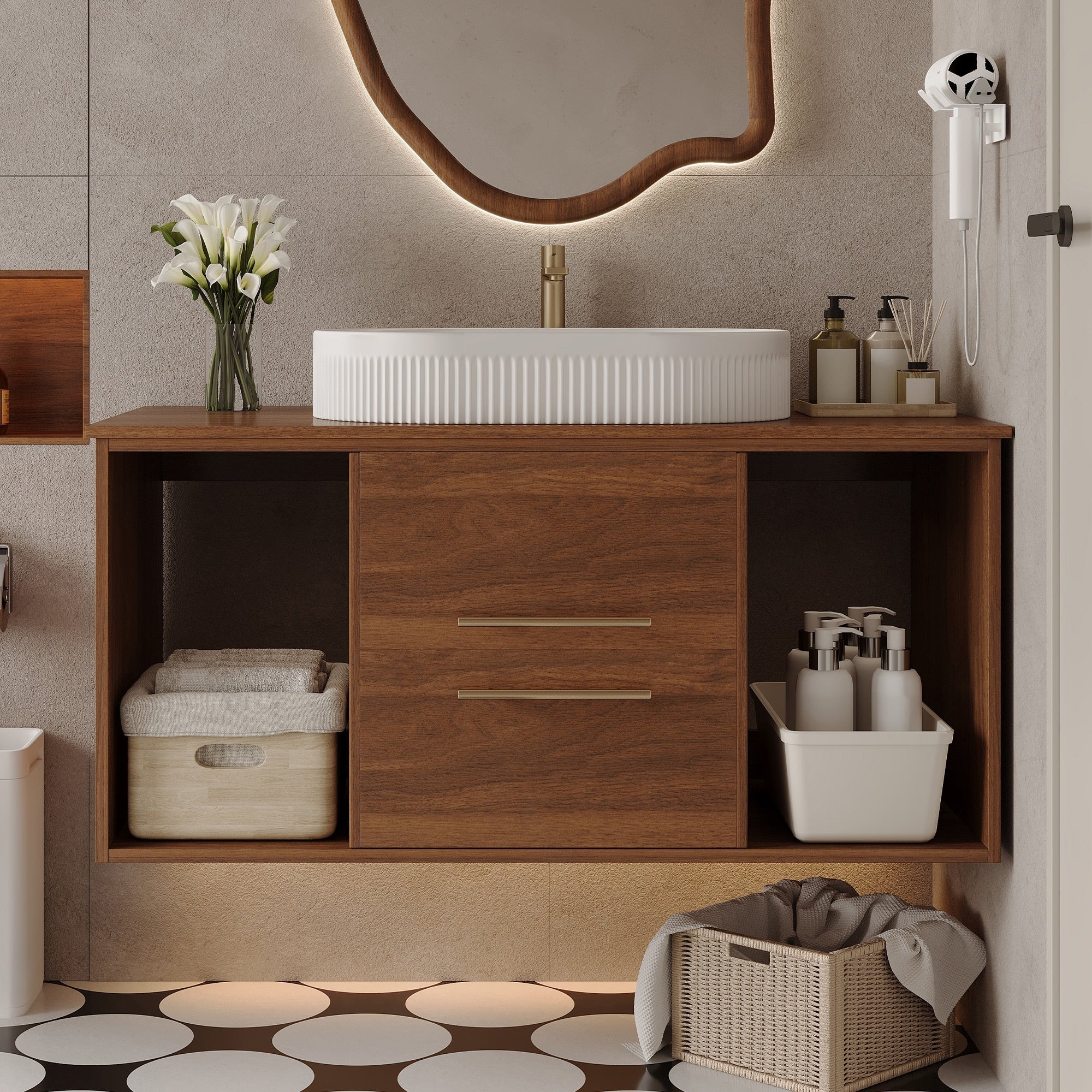 Roomfitters 39.4 Floating Bathroom Vanity With Single Sink Wall Mounted Wood Storage Cabinet And Gold Hardware White Walnut