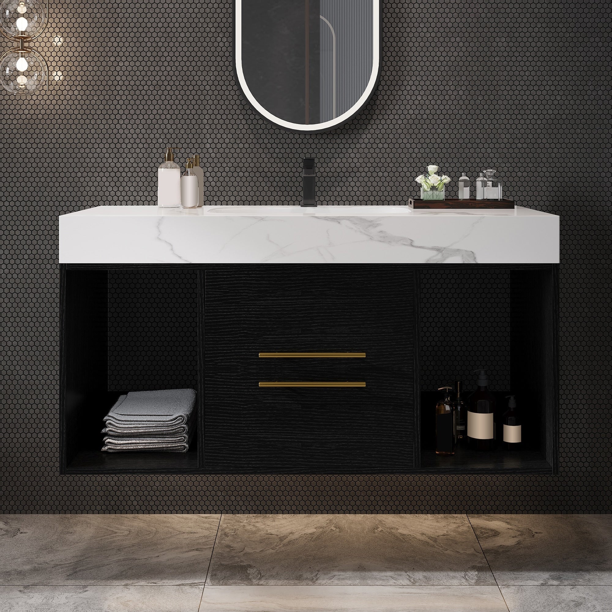 Roomfitters 39.4 Modern Floating Bathroom Vanity With Single Sink And Gold Handles Wall Mount Marble Top White And Black