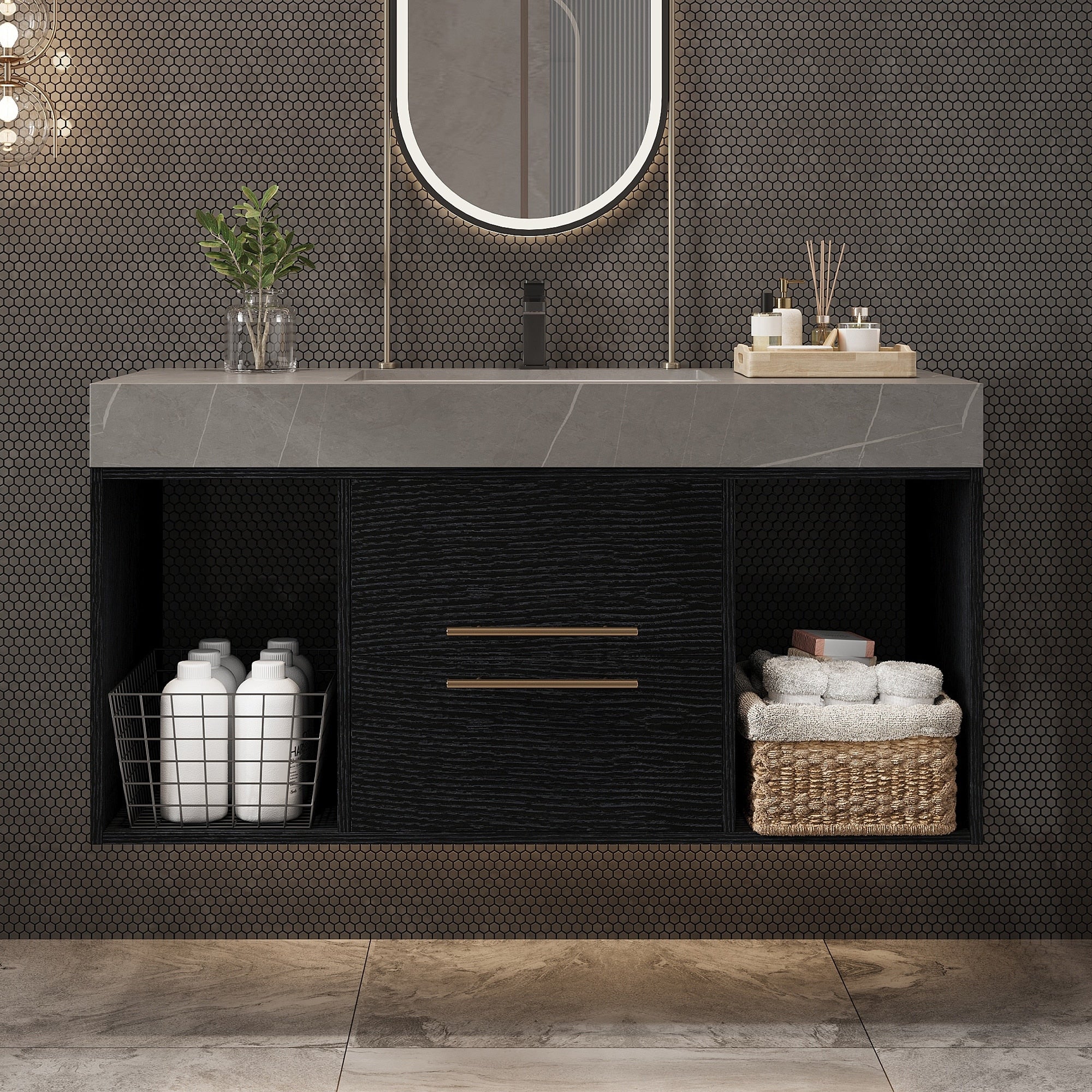 Roomfitters 39.4 Modern Floating Bathroom Vanity Integrated Gray Sink Wall Mount Cabinet Open Storage Shelf Black Gray