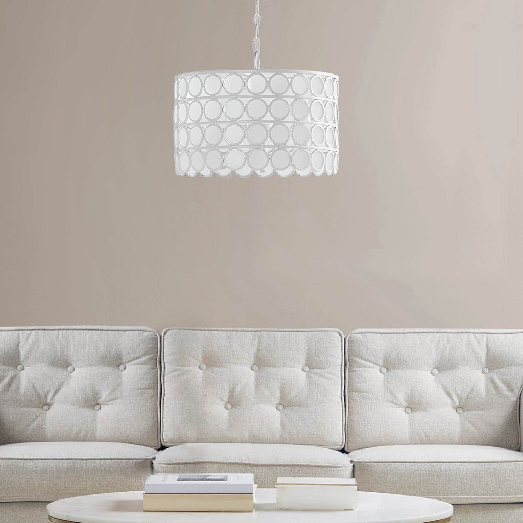 Roomfitters 4 Light Glass Drum Shade Chandelier Modern White Metal Hanging Light Luxury Frosted Circle Pattern Ceiling Light