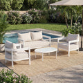 Roomfitters 4 Piece Modern White Aluminum Outdoor Conversation Set Curved Patio Furniture Oval Glass Table Beige