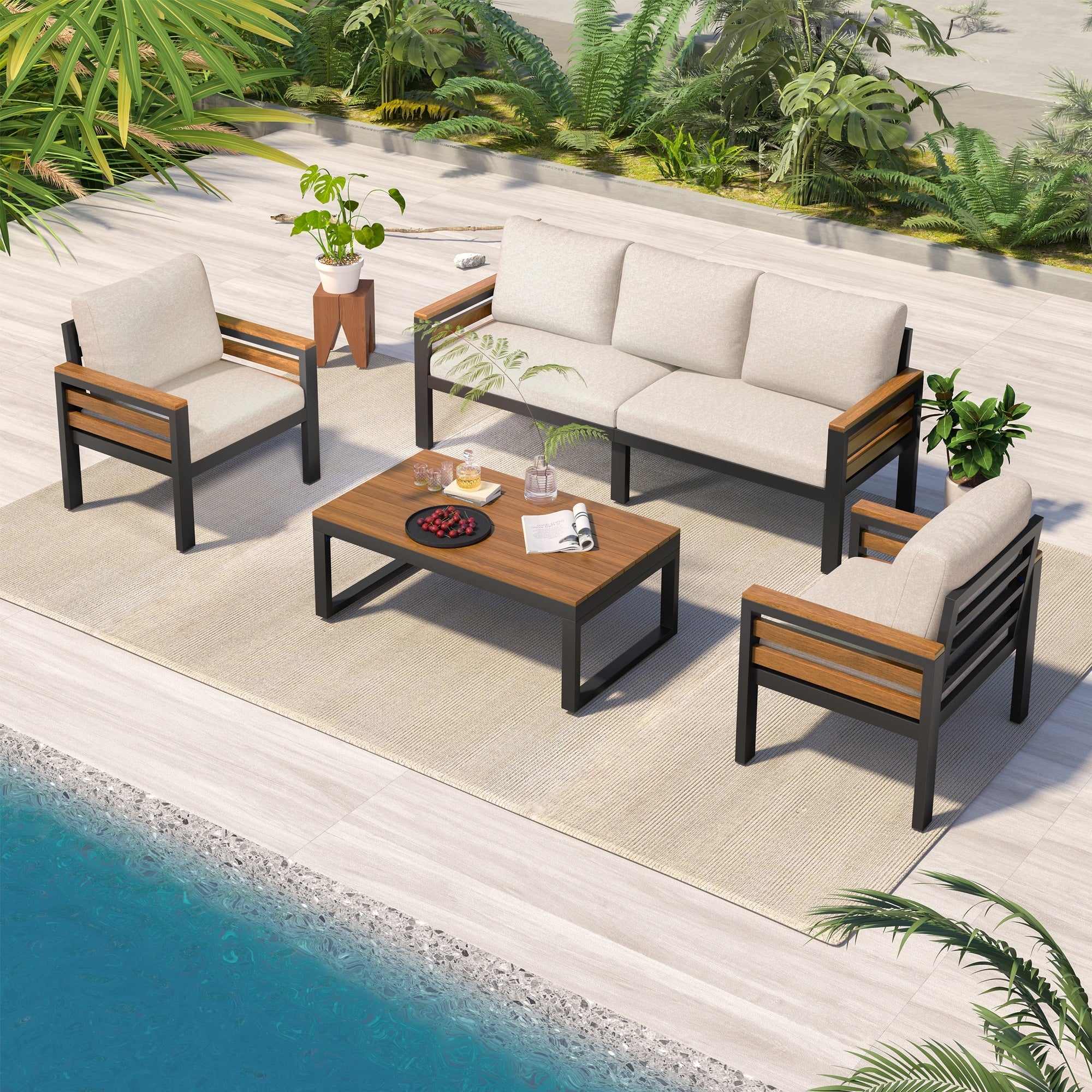 Roomfitters 4 Piece Outdoor Patio Furniture Set With 3 Seater Sofa 2 Armchairs And Coffee Table Wood Accents
