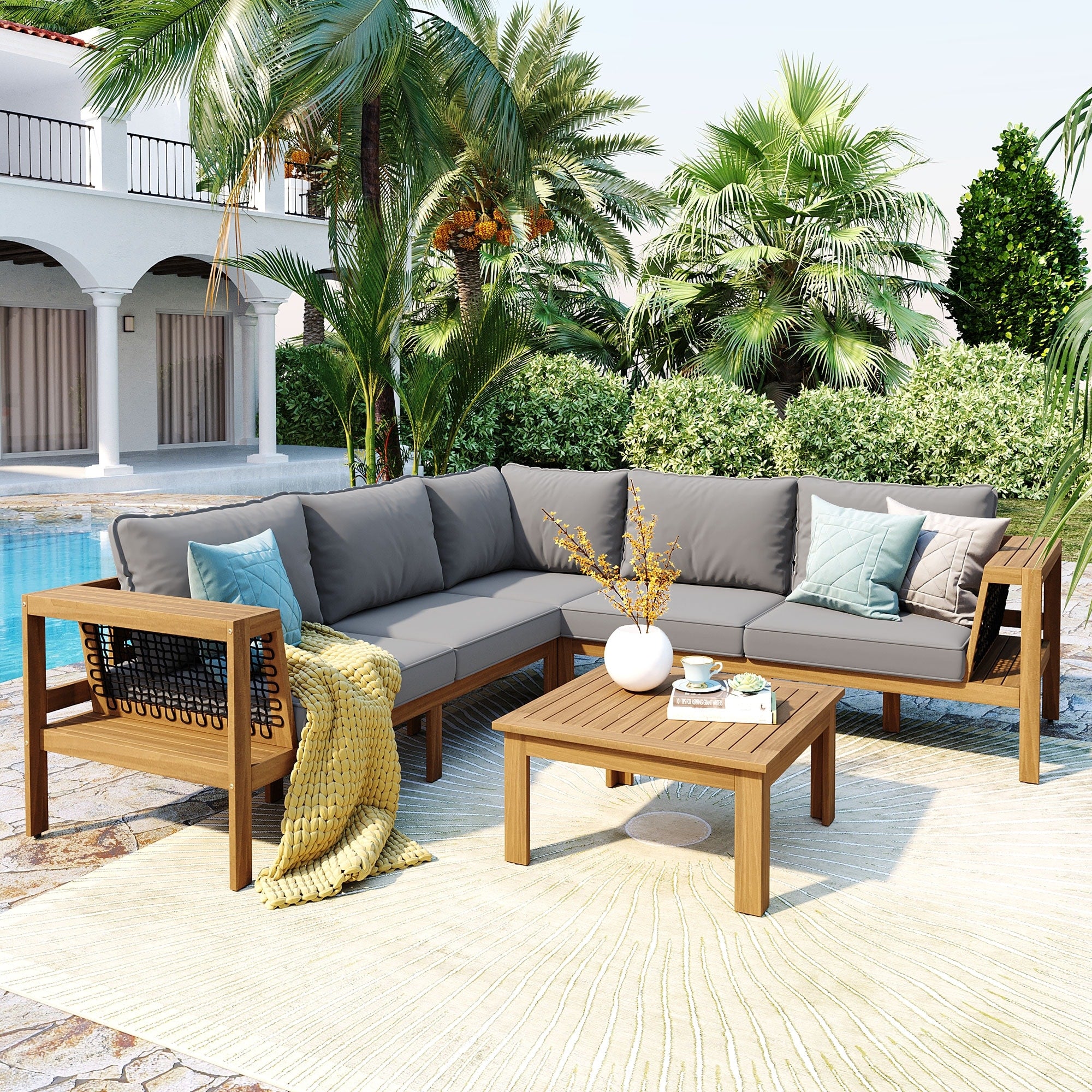 Roomfitters 4 Piece Outdoor Sectional Sofa Set With Coffee Table And Built In Side Shelves Wood Frame