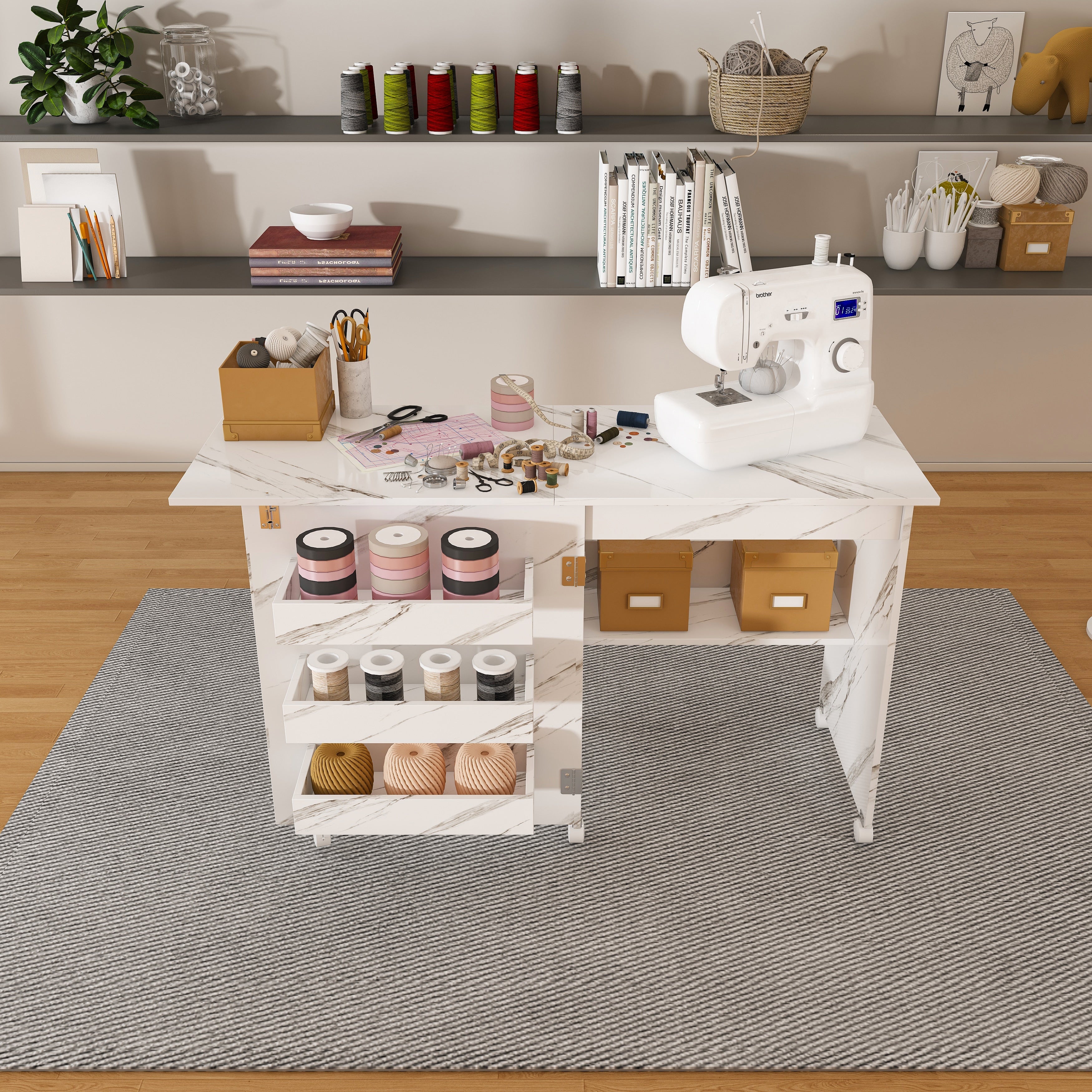 Roomfitters 4 In 1 Folding Sewing Table On Wheels Craft Station With Shelves Rolling Workbench Storage White