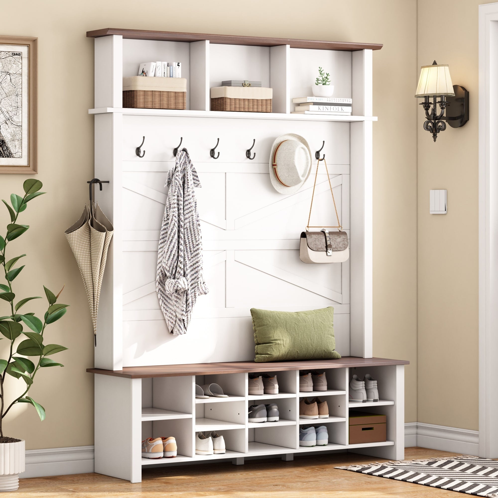 Roomfitters 4 In 1 Hall Tree With Storage Bench 6 Coat Hooks And Cubby Shelves For Entryway Mudroom Organization White