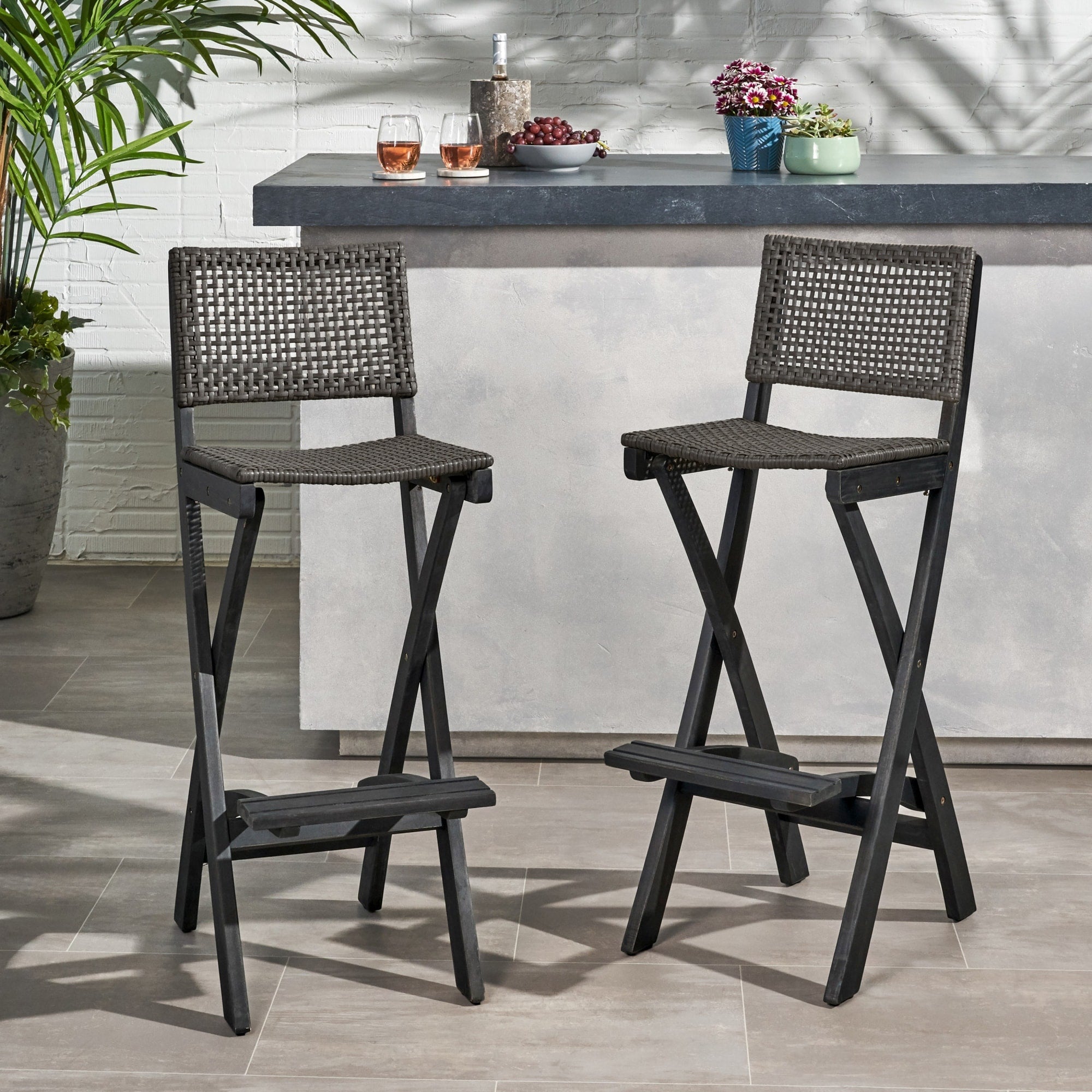 Roomfitters 41.75 Inch Set Of 2 Folding Outdoor Barstools Wicker Patio High Top Counter Chairs For Balcony Dark Grey Finish