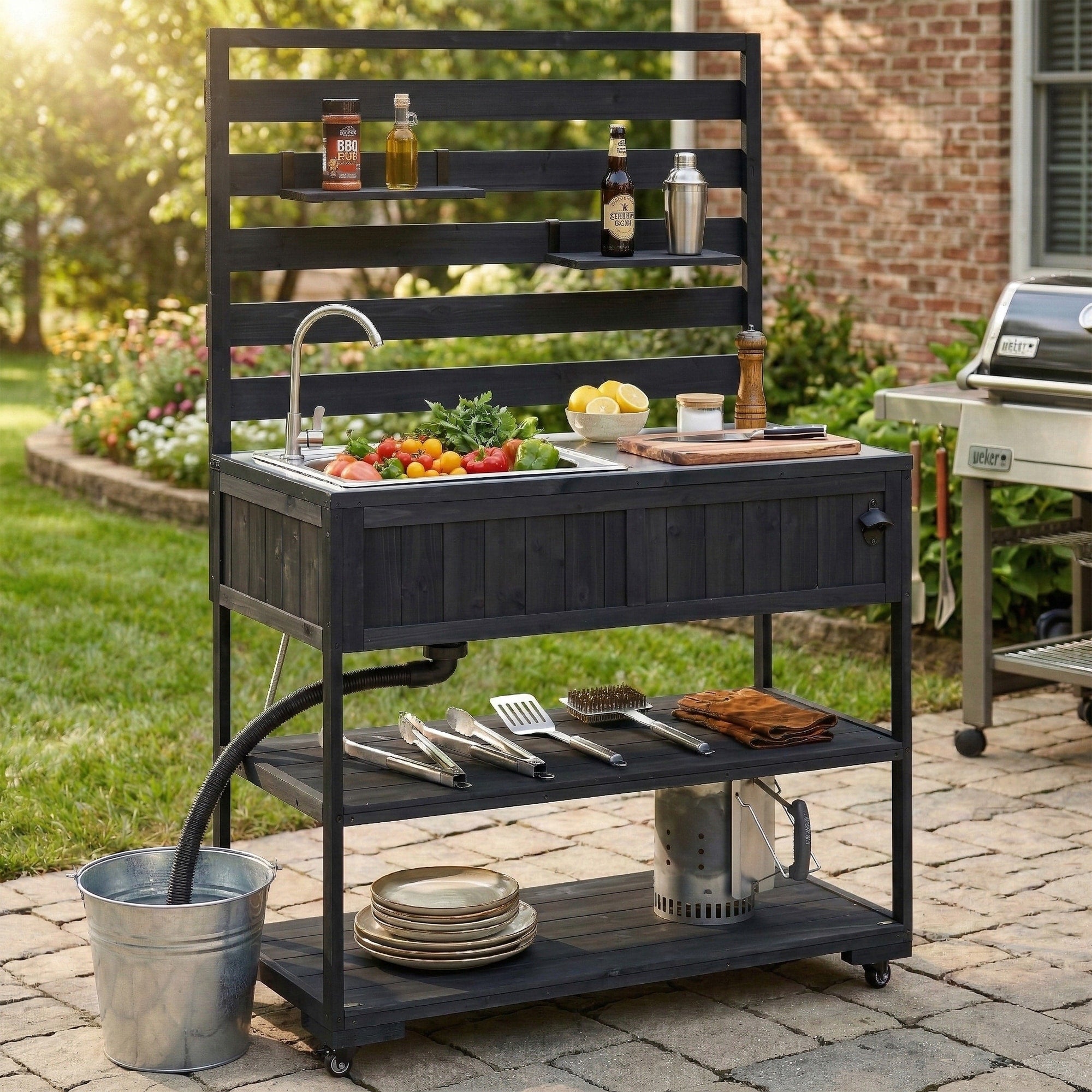 Roomfitters 41.7 Garden Potting Bench With Sink Rolling Outdoor Potting Table Bottle Opener Storage Shelves Hutch