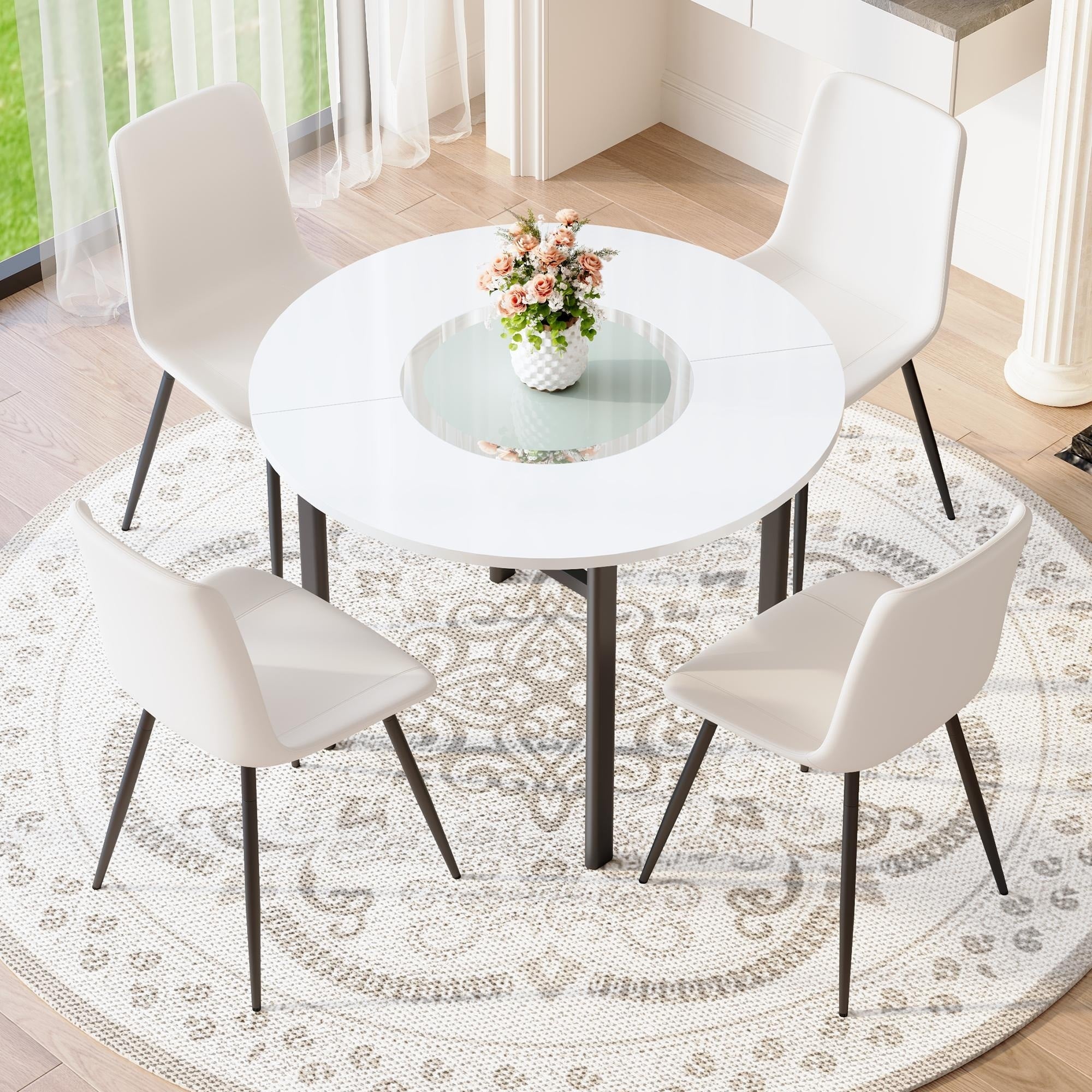 Roomfitters 42 Inch White Round Dining Table Set Pu Chairs Tempered Glass Inlay Minimalist Seating For 4 6