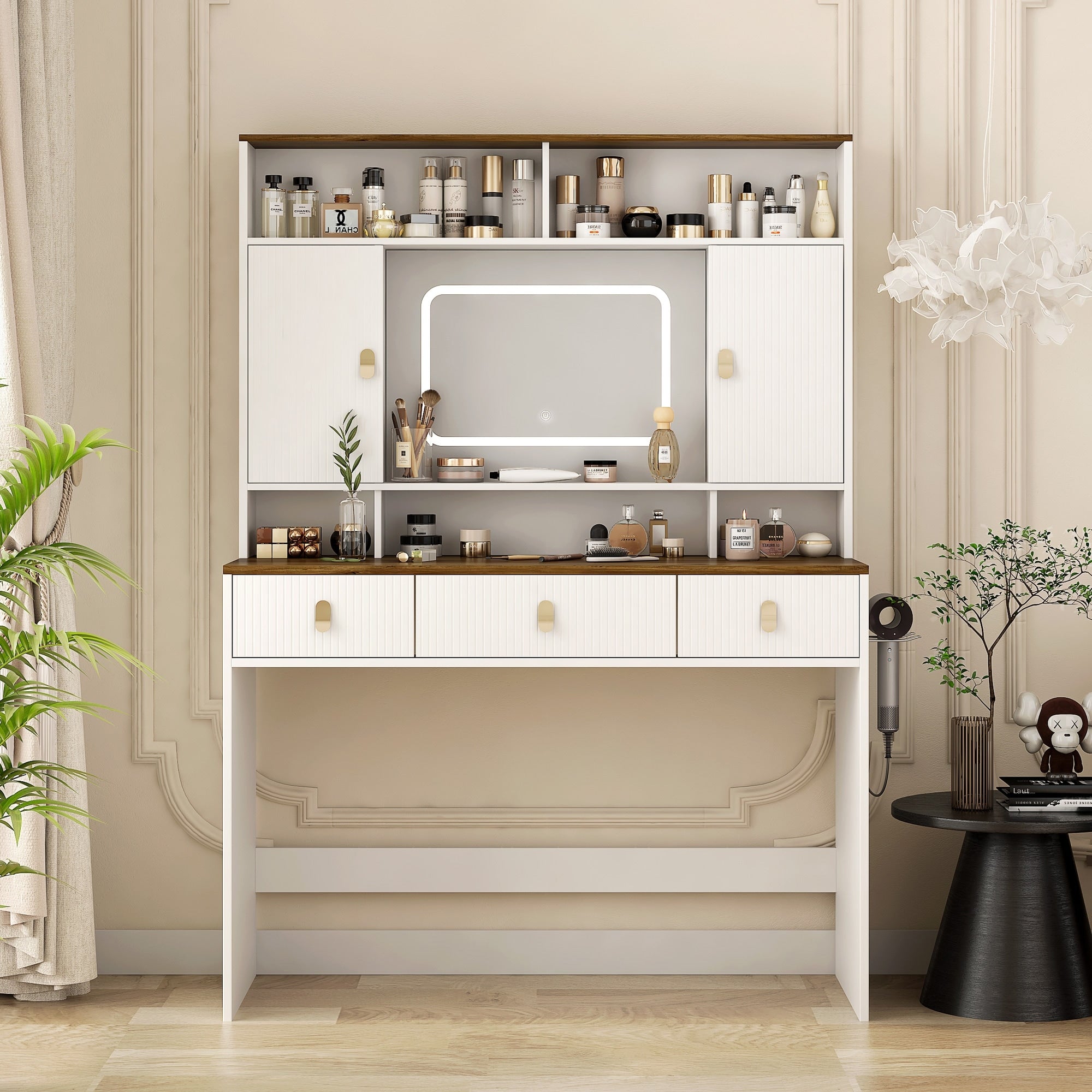 Roomfitters 42 Makeup Vanity With Led Lighted Mirror Fluted White Walnut Dressing Table 3 Drawers Hair Dryer Holder
