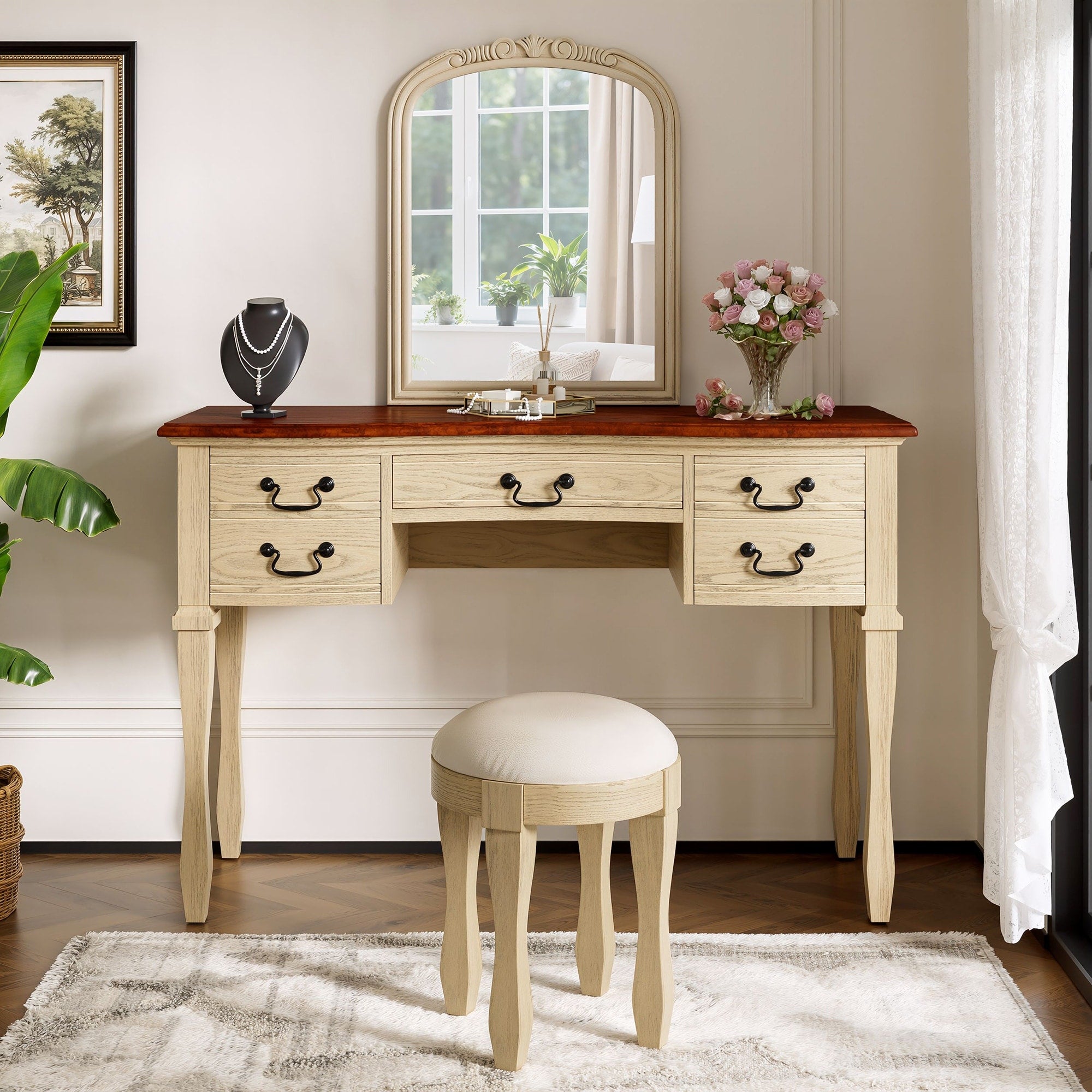 Roomfitters 46 Makeup Vanity With Mirror And Stool French Country Dressing Table Desk With 5 Drawers Brown Antique White