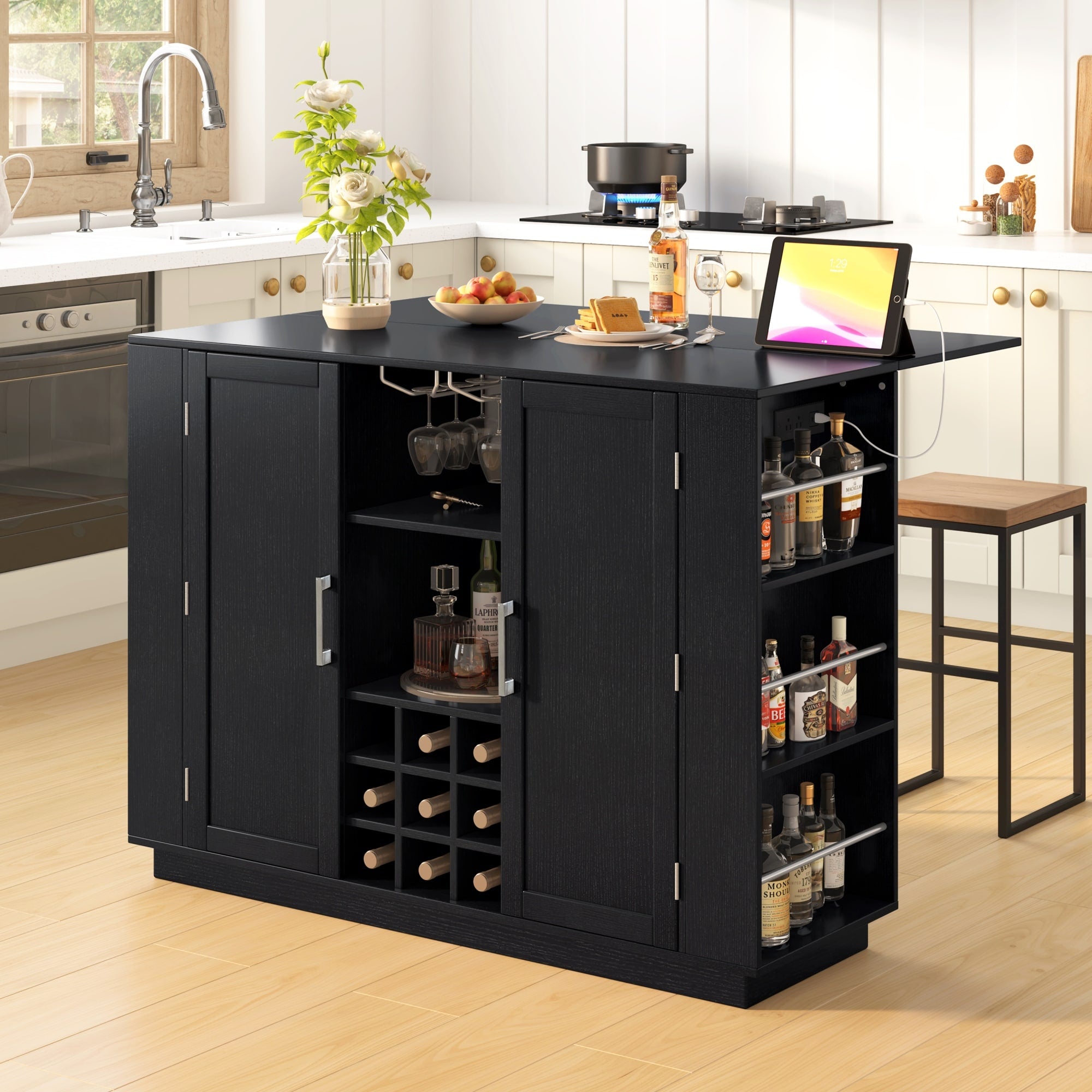 Roomfitters 47.2 Inch Counter Height Bar Cabinet Sideboard Buffet Table Foldable Drop Leaf Built In Power