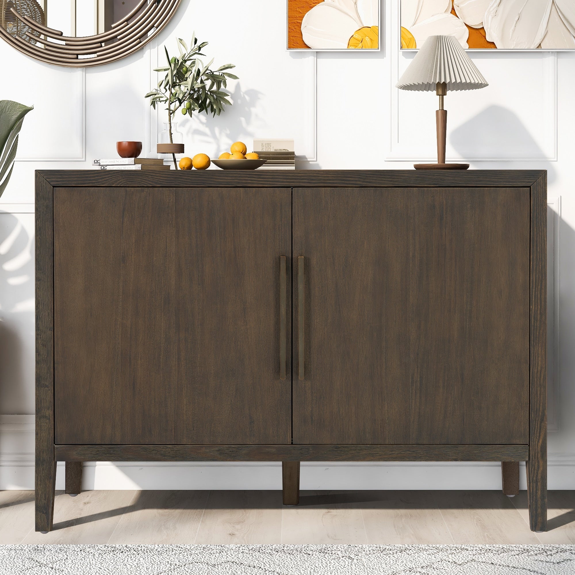 Roomfitters 47.25 Inch Farmhouse Sideboard 2 Door Buffet Cabinet Wooden Storage Console Metal Handles