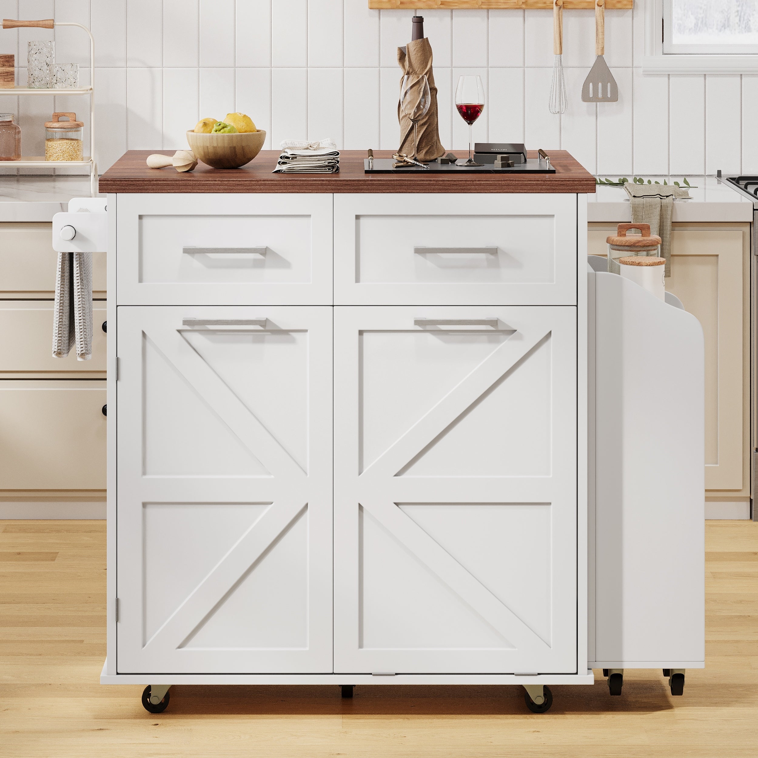 Roomfitters 47.2 Farmhouse Kitchen Island With Drop Leaf Tilt Trash Can Cabinet Removable Mobile Side Racks