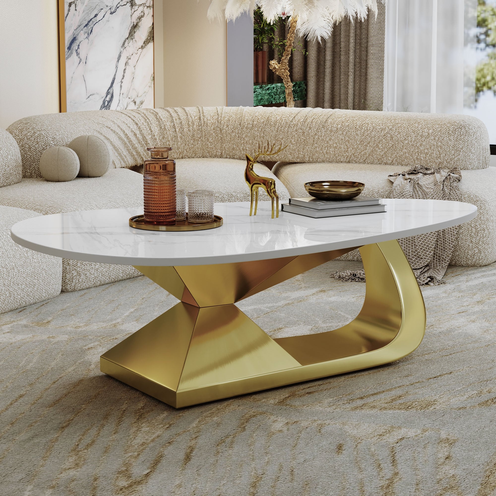 Roomfitters 47.2 Oval Coffee Table With Gold Sculptural Geometric Base White Marble Look Faux Marble Top Gold White