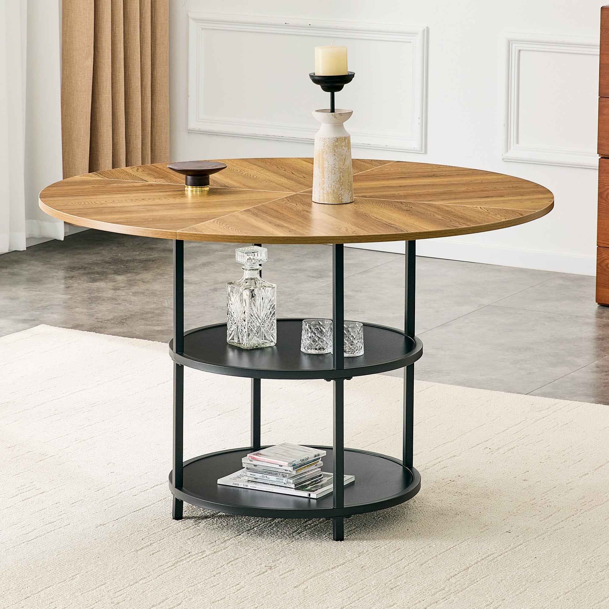 Roomfitters 47.3 Inch Splicing Circular Dining Table Double Layer Storage Wood And Black Kitchen Table Center Table