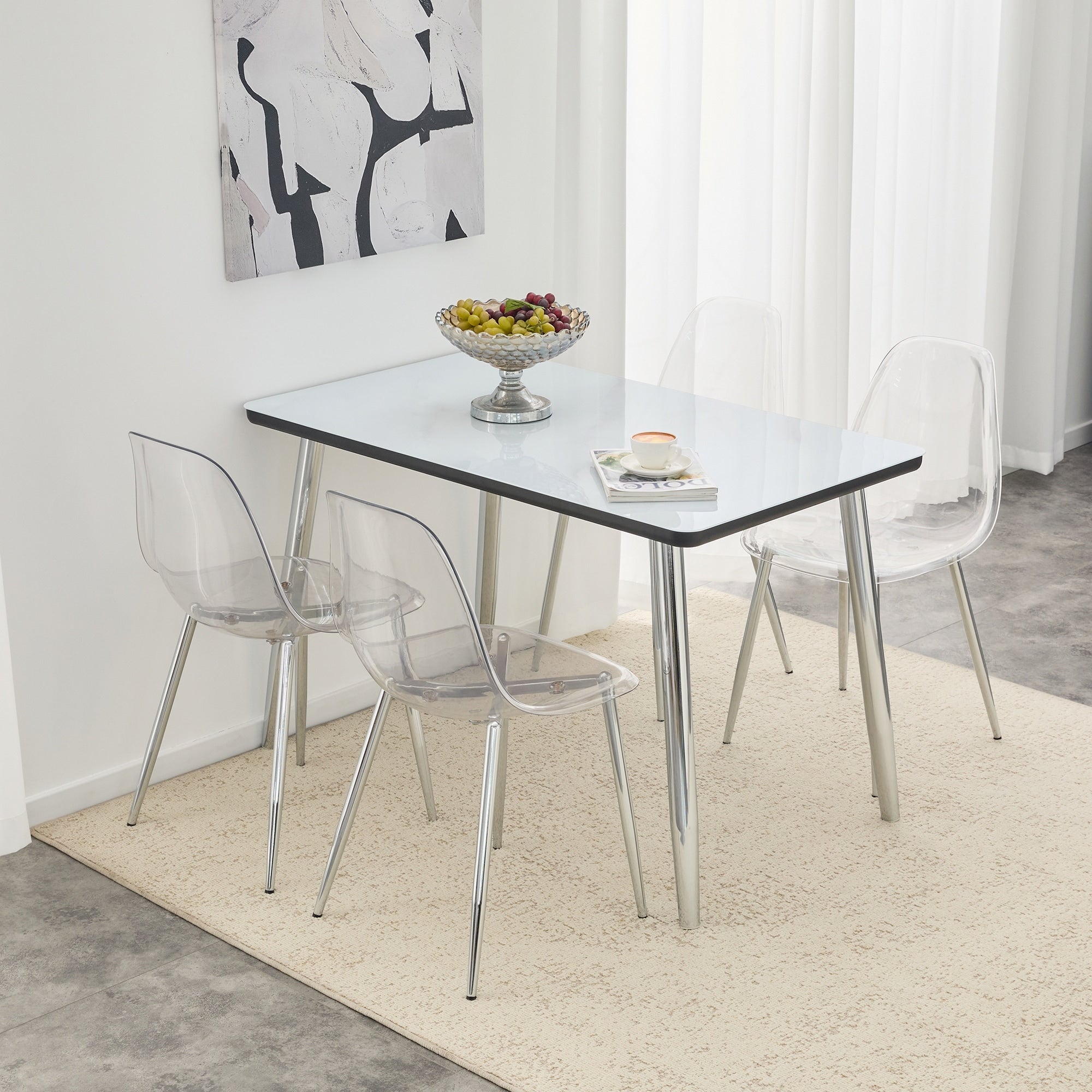 Roomfitters 47.3 Inch White Marble Textured Glass Table Set 4 Transparent Leg Chairs Double Layer Minimalist Seating