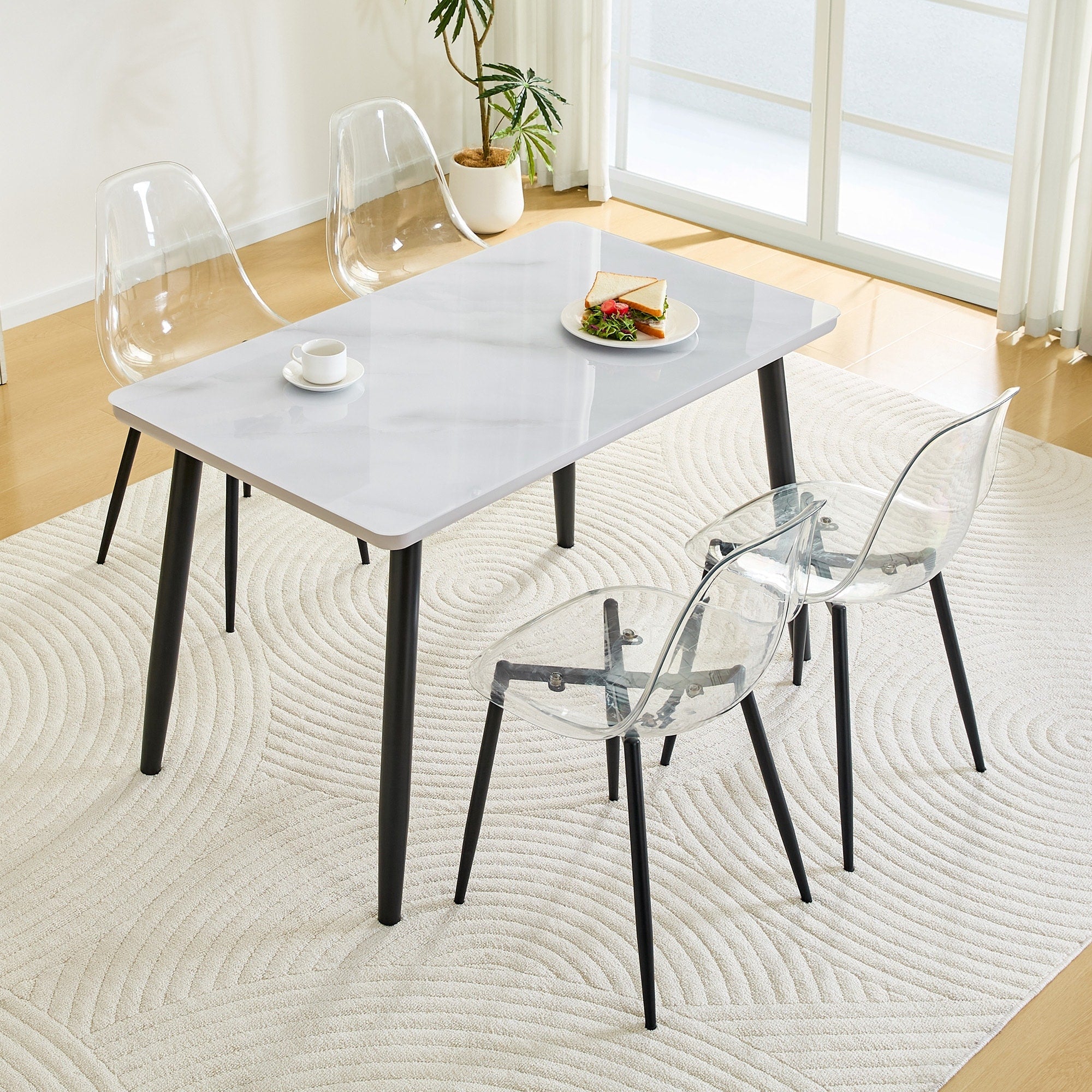 Roomfitters 47.3 Inch White Marble Textured Glass Table Set Transparent Chairs Double Layer Minimalist Seating