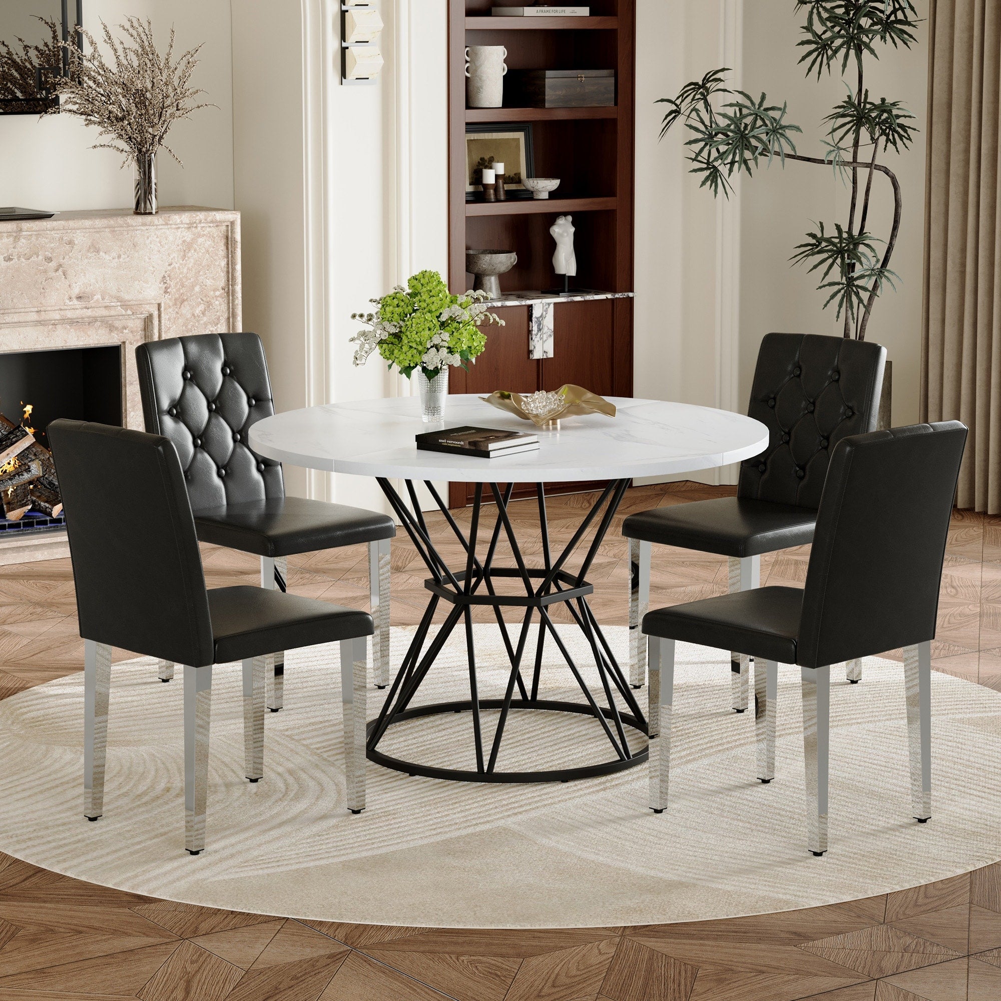 Roomfitters 47.3 White Marble Patterned Dining Table Set 4 Black Pu Chairs Hourglass Metal Base Seating For 4