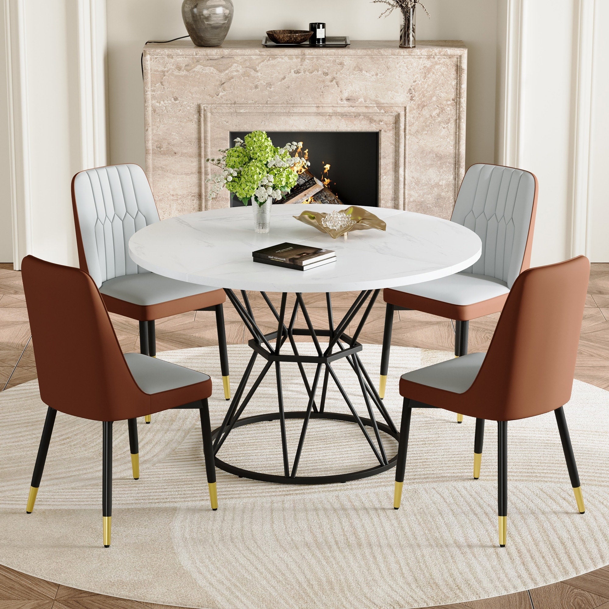 Roomfitters 47.3 White Marble Patterned Dining Table Set 4 Spliced Gray Pu Chairs Hourglass Metal Base Set For 4