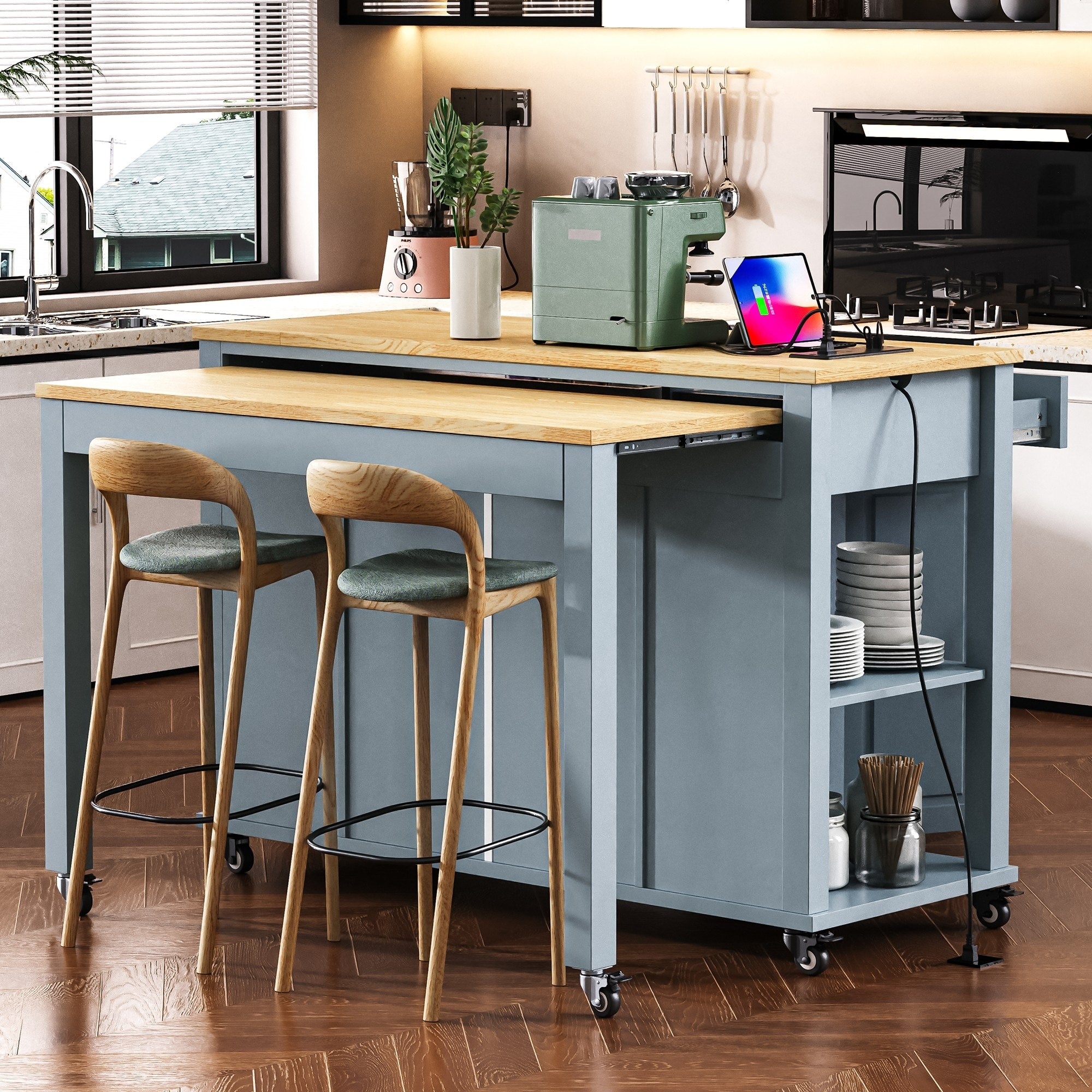 Roomfitters 47 Kitchen Island With Power Outlet And Drop Leaf Rolling Storage Cabinet With Drawers Modern Style Grey Blue