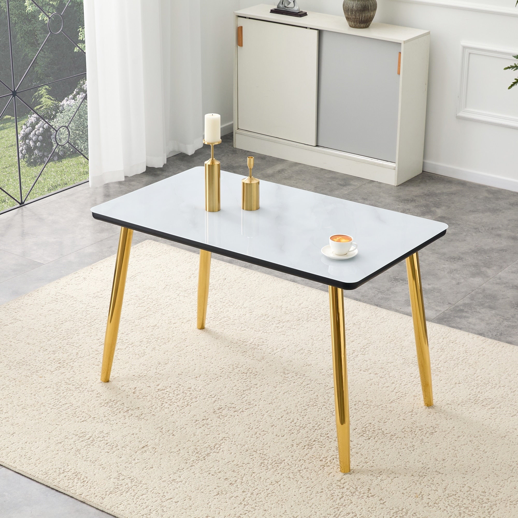 Roomfitters 47 White Marble Texture Glass Dining Table Tapered Legs Minimalist Kitchen Desk For 4 6