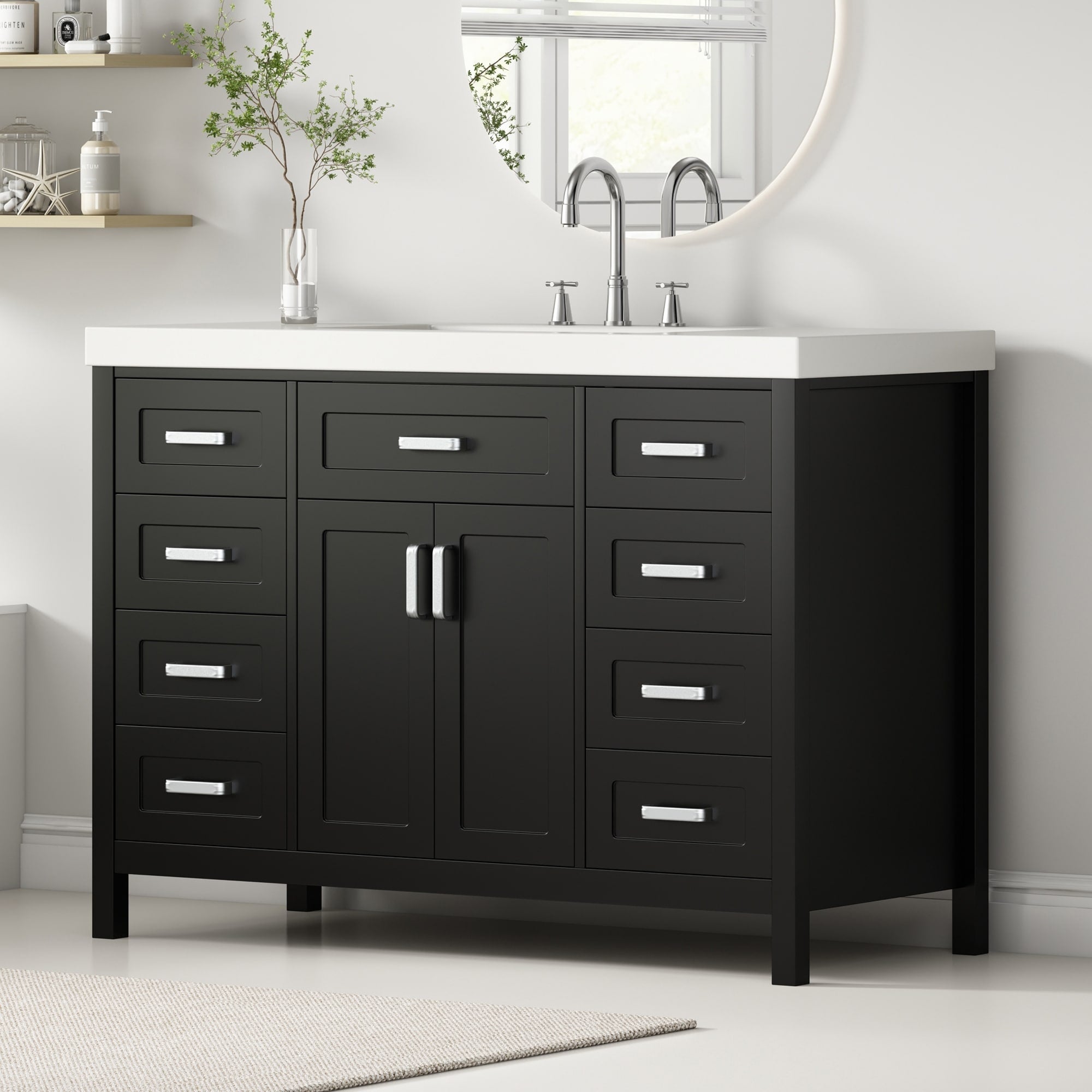 Roomfitters 48 Bathroom Vanity With Integrated Resin Sink 8 Soft Close Drawers And 2 Doors Solid Pine Support Legs Black
