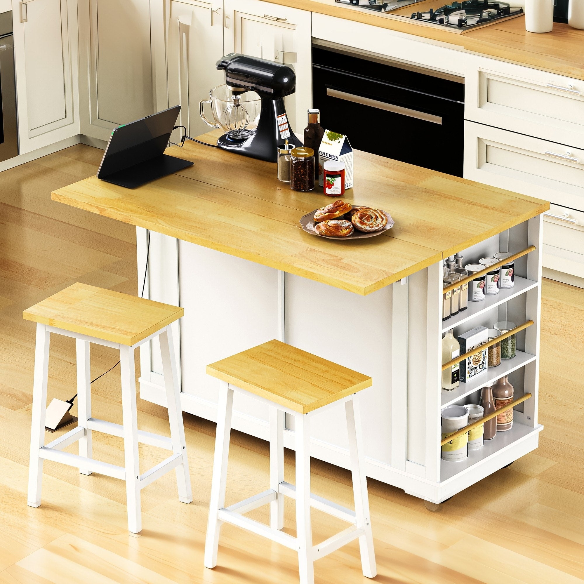 Roomfitters 48 Kitchen Island With Power Outlet And Drop Leaf Rolling Storage Cabinet With Wood Top And Spice Rack