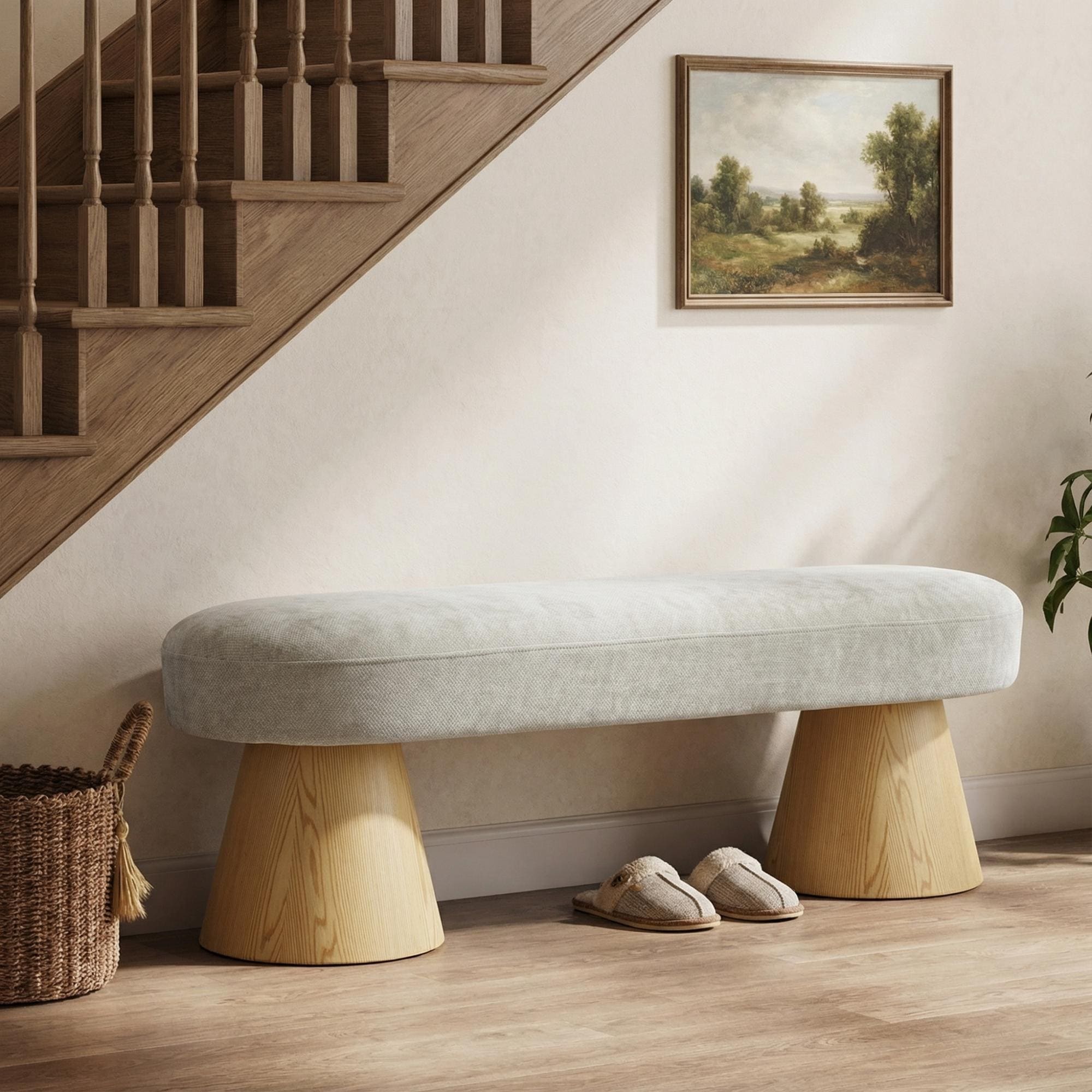 Roomfitters 49 Upholstered Dining Bench Japandi Style Entryway Seating With Solid Wood Conical Legs Padded Seat Oatmeal