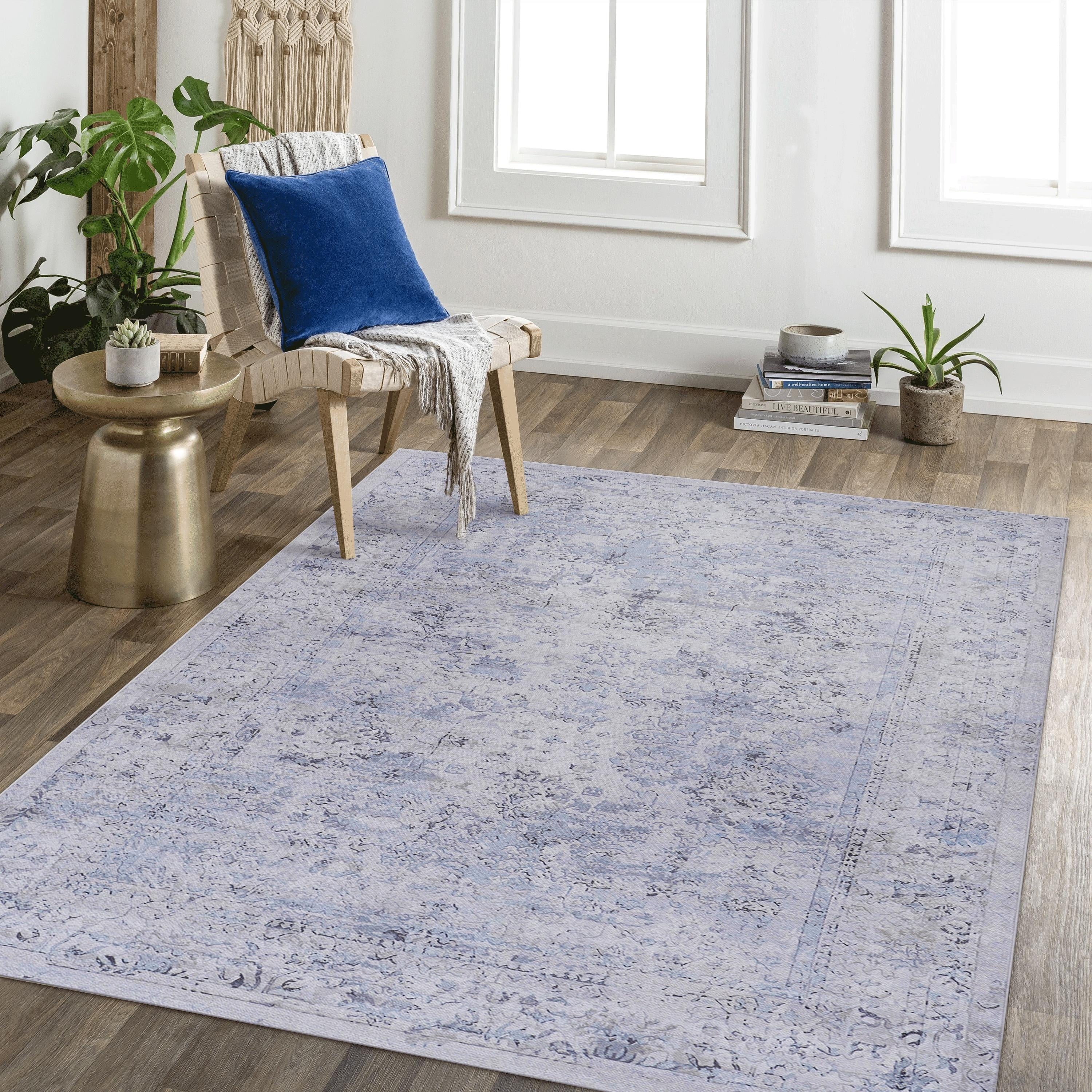 Roomfitters 4X6 Machine Washable Boho Vintage Area Rug Non Slip Pet Friendly Indoor Living Room Decor Carpet Blue Cream