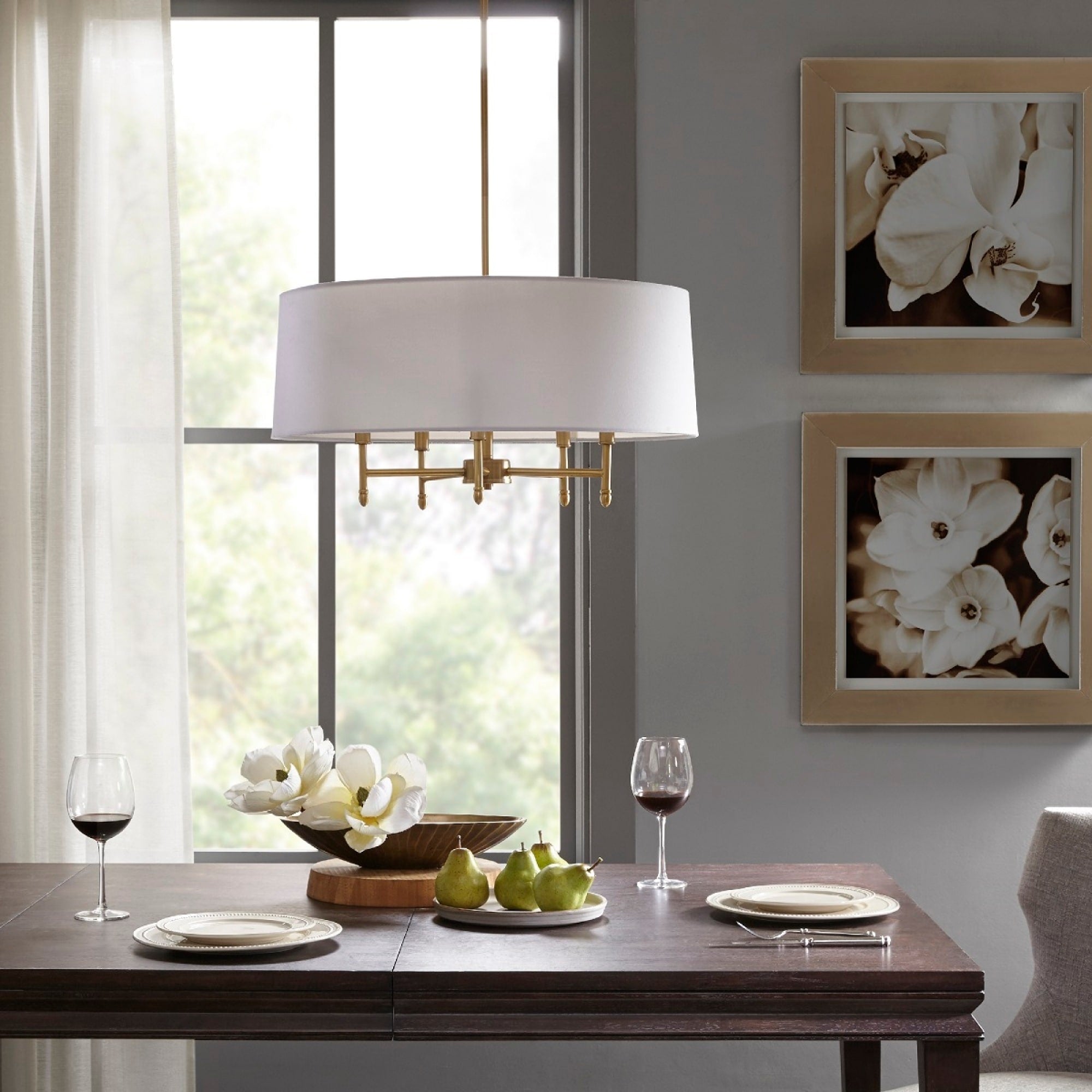 Roomfitters 5 Light White Drum Shade Chandelier Modern Gold Metal Hanging Light Luxury Tapered Fabric Dining Room Fixture Set