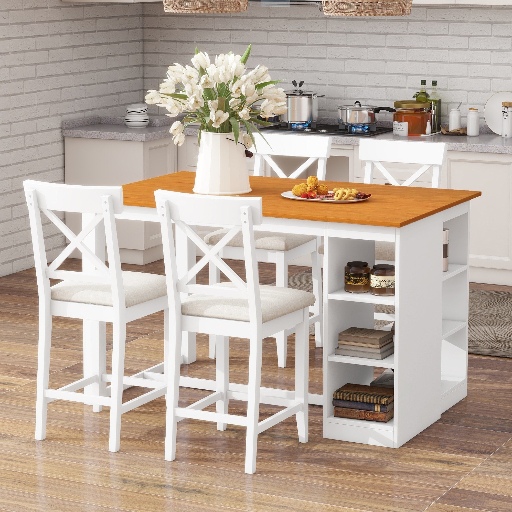 Roomfitters 5 Piece Counter Height Dining Table Set 60 Farmhouse Kitchen Table With 3 Tier Shelves And 4 Chairs