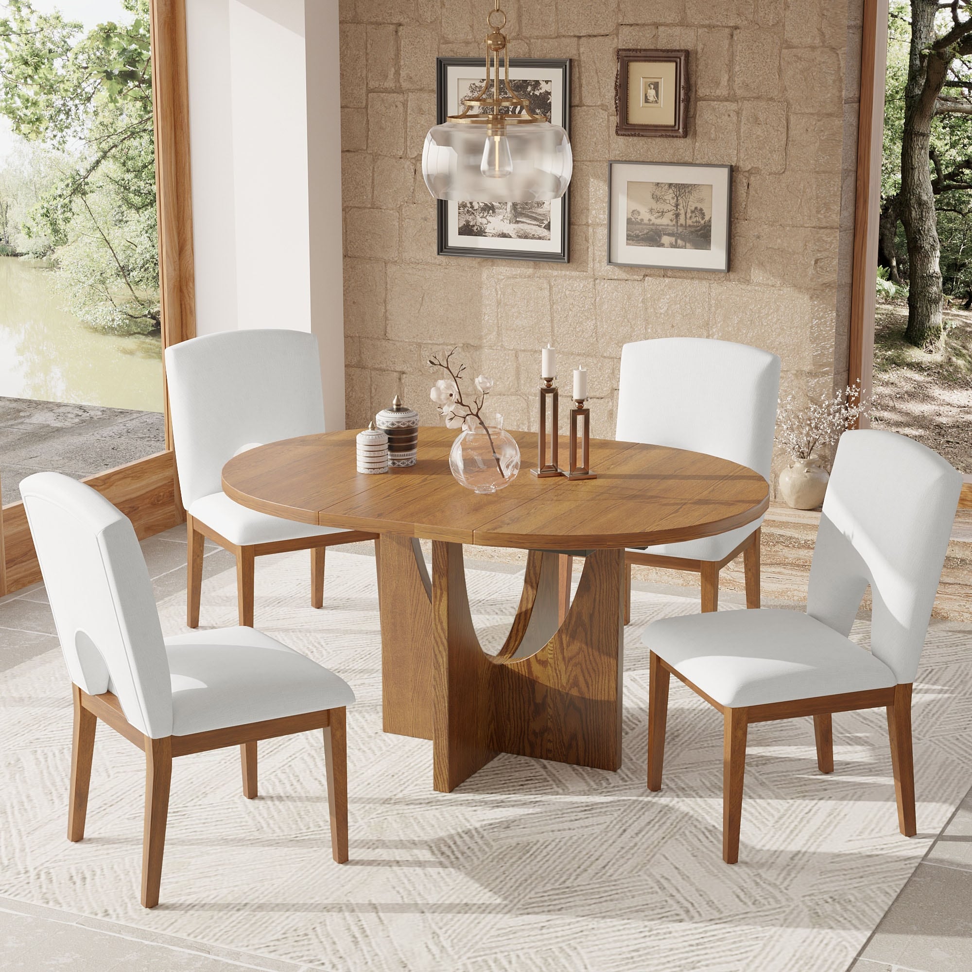 Roomfitters 5 Piece Dining Table Set Oval Wood Kitchen Table Sculptural Pedestal Base 4 Upholstered Chairs