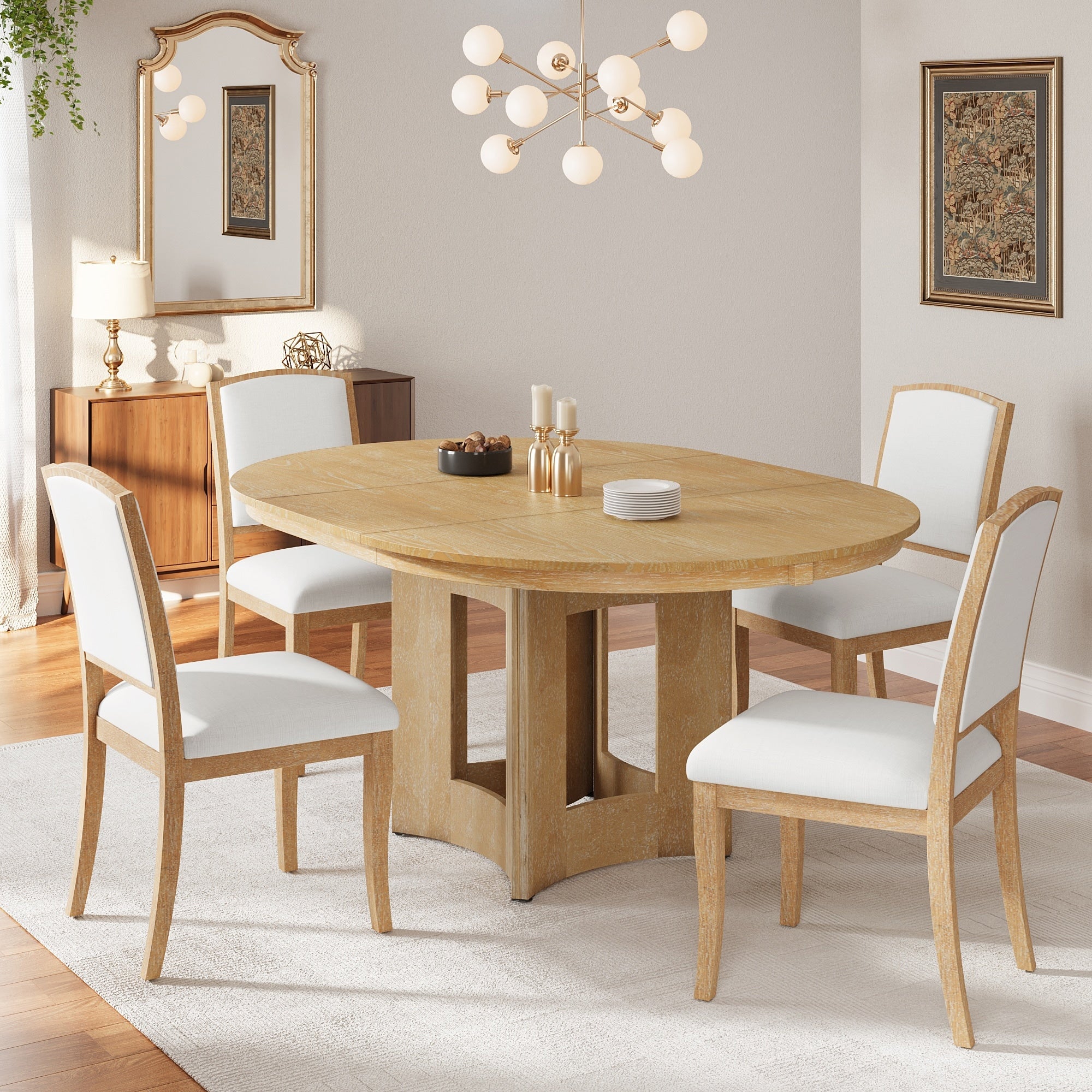 Roomfitters 5 Piece Extendable Round Dining Table Set Farmhouse Kitchen Table With 16 Leaf And 4 Chairs