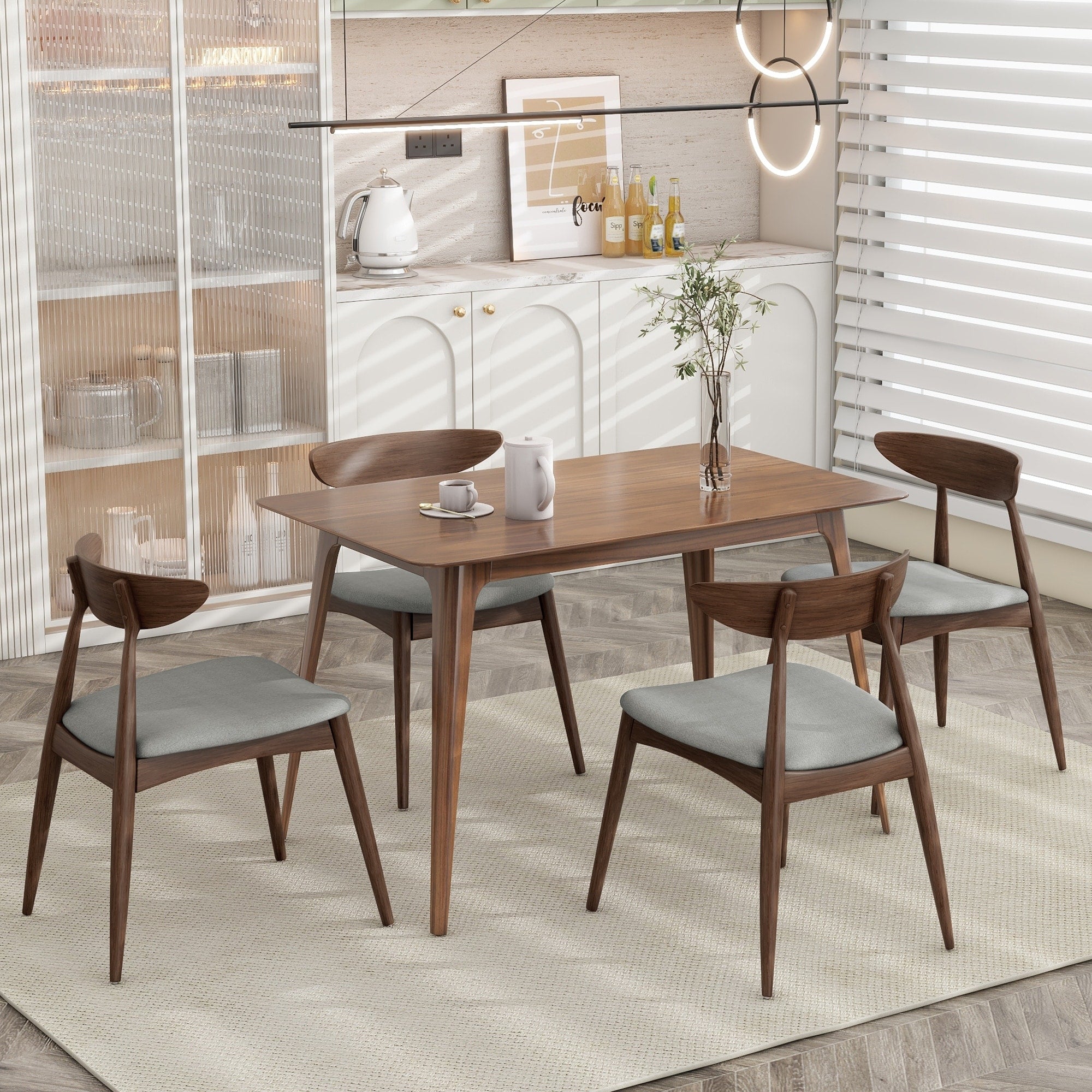 Roomfitters 5 Piece Mid Century Dining Set 47 Walnut Table With 4 Ergonomic Upholstered Chairs