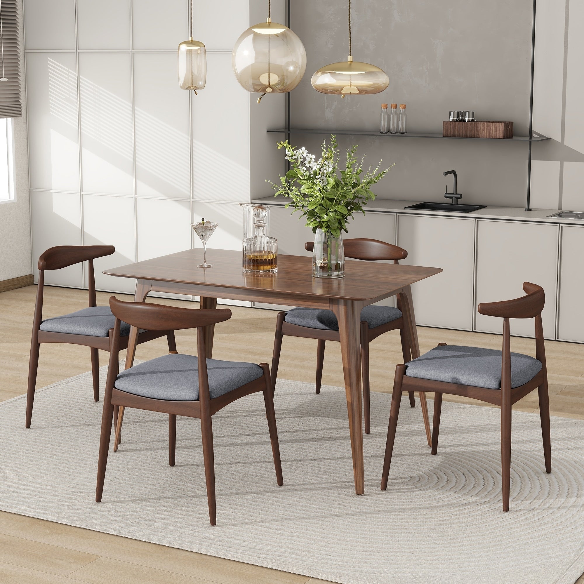 Roomfitters 5 Piece Mid Century Dining Set 47 Walnut Table With 4 Ergonomic Upholstered Chairs