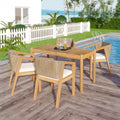 Roomfitters 5 Piece Outdoor Acacia Wood Dining Set Slatted Table And 4 Woven Chairs With Beige Cushions Teak Beige