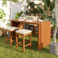 Roomfitters 5 Piece Outdoor Bar Set With High Top Dining Table And 4 Cushioned Backless Stools Patio Furniture Beige Natural
