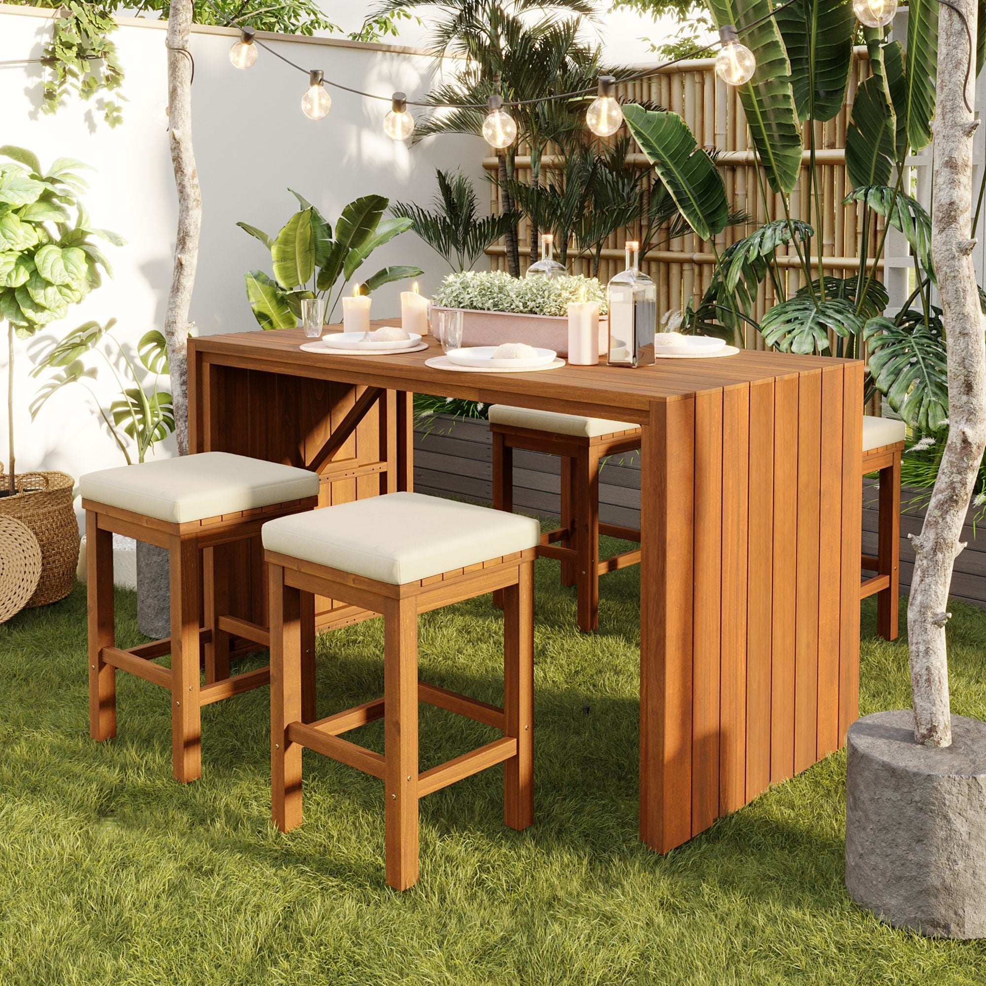Roomfitters 5 Piece Outdoor Bar Set With High Top Dining Table And 4 Cushioned Backless Stools Patio Furniture Beige Natural