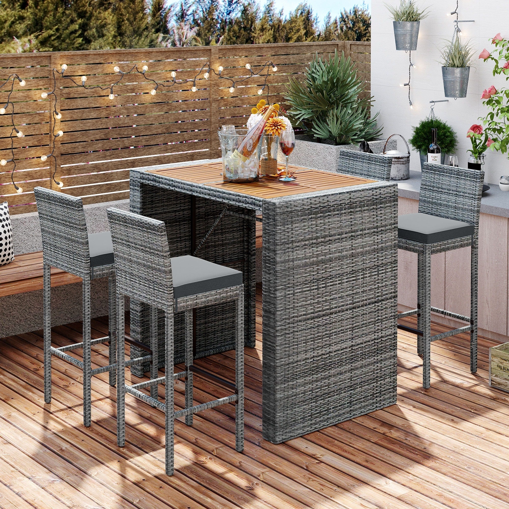 Roomfitters 5 Piece Outdoor Bar Set With High Top Wood Slat Table And 4 Wicker Bar Stools All Weather Gray