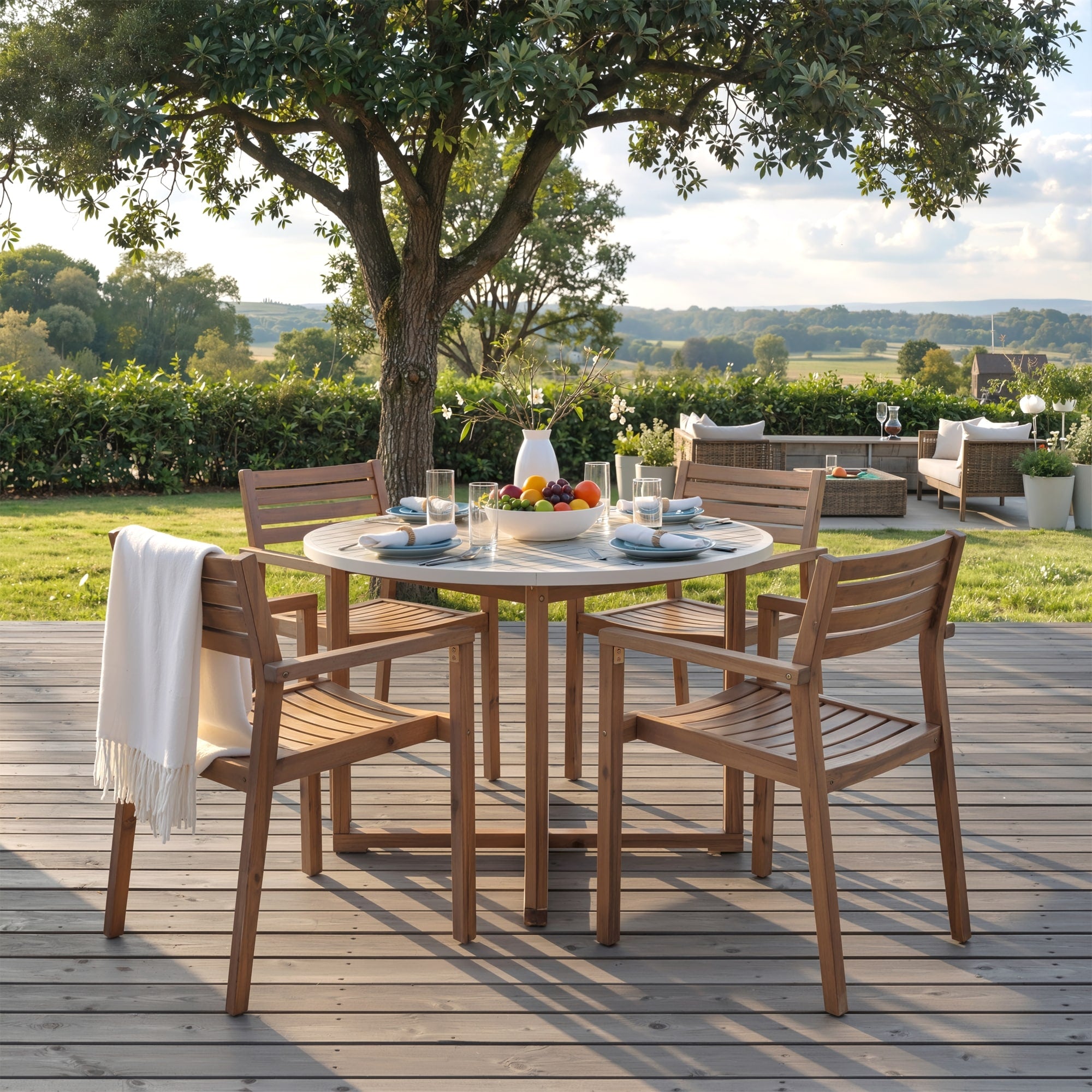 Roomfitters 5 Piece Outdoor Dining Set For 4 47.2 Inch Round Acacia Wood Table Slatted Patio Group