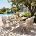 Roomfitters 5 Piece Outdoor Dining Set With Rectangular Slatted Wood Top Table And 4 Woven Rope Chairs For Patio Beige Teak