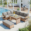 Roomfitters 5 Piece Outdoor Rattan Sofa Set Patio Sectional Furniture With Dining Table Storage Bench Side Trays
