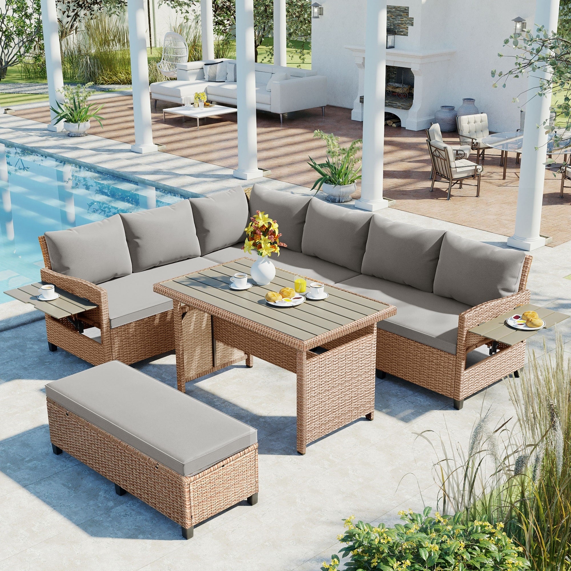 Roomfitters 5 Piece Outdoor Rattan Sofa Set Patio Sectional Furniture With Dining Table Storage Bench Side Trays