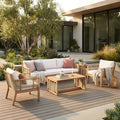 Roomfitters 5 Piece Patio Sofa Set Modern Rope Weave Outdoor Furniture 3 Seater Sofa 2 Armchairs And 2 Tables Teak Beige