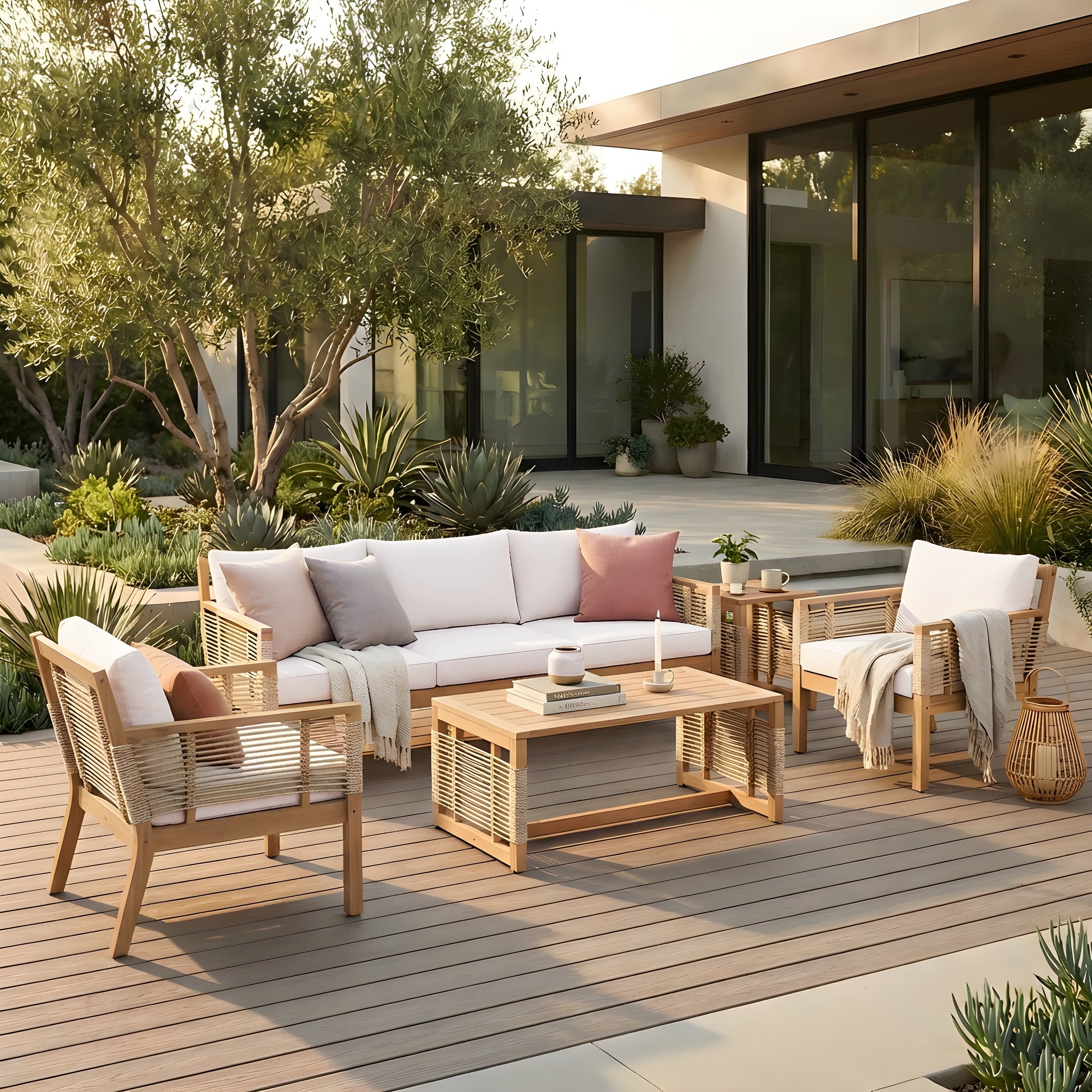 Roomfitters 5 Piece Patio Sofa Set Modern Rope Weave Outdoor Furniture 3 Seater Sofa 2 Armchairs And 2 Tables Teak Beige