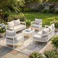 Roomfitters 5 Piece White Aluminum Outdoor Sectional Set Curved Patio Group 3 Seater Sofa And Oval Glass Table