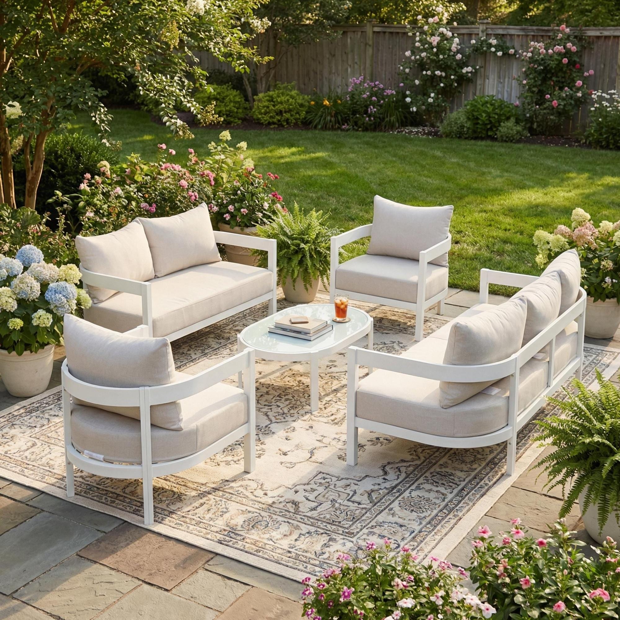 Roomfitters 5 Piece White Aluminum Outdoor Sectional Set Curved Patio Group 3 Seater Sofa And Oval Glass Table